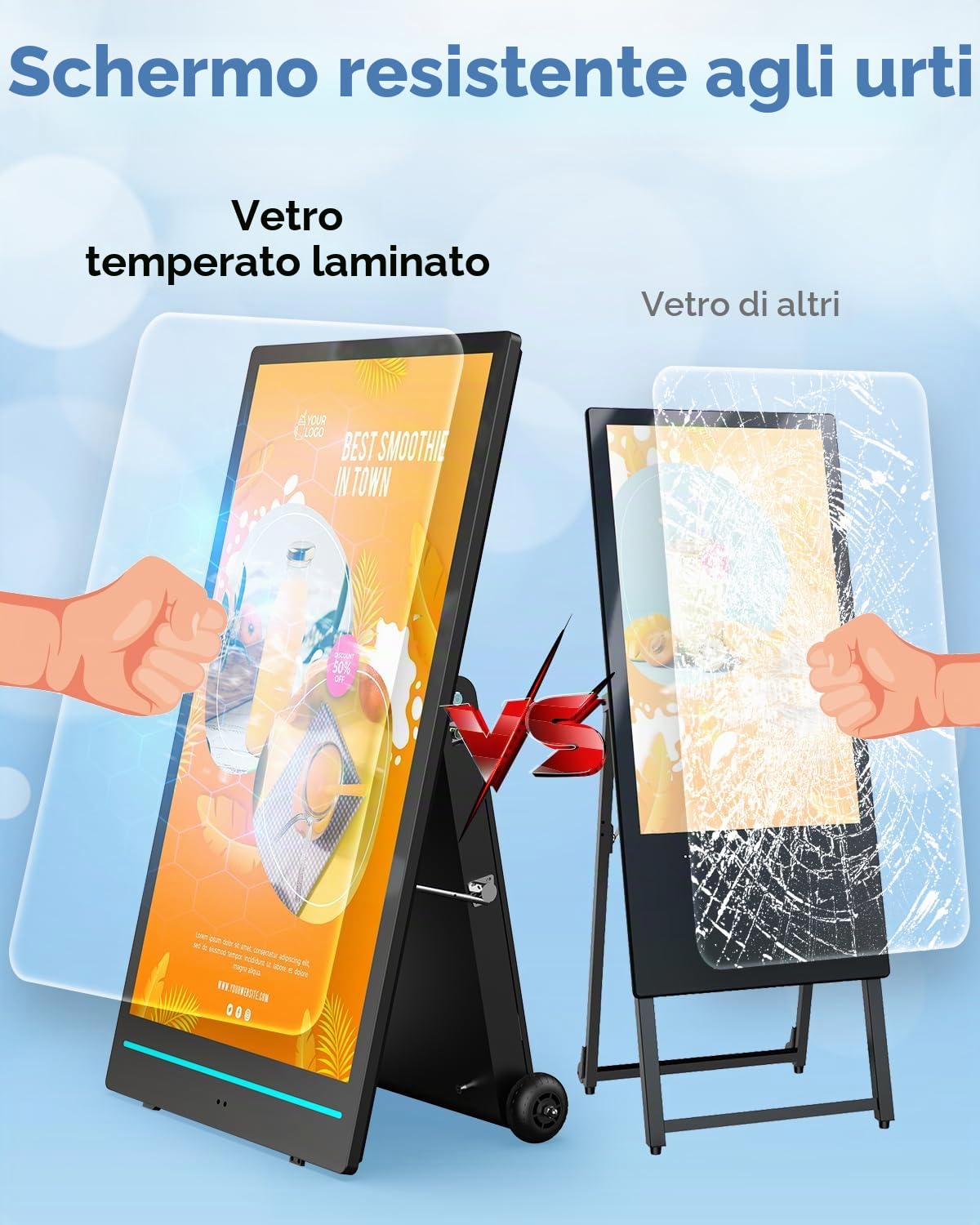 Totem Pubblicitario Digitale da Esterno 55", Schermo Pubblicitario Alta Luminosità 2000 Nits con Batteria 10h, Stop-Trottoir Impermeabile IP65 per Ristorazione