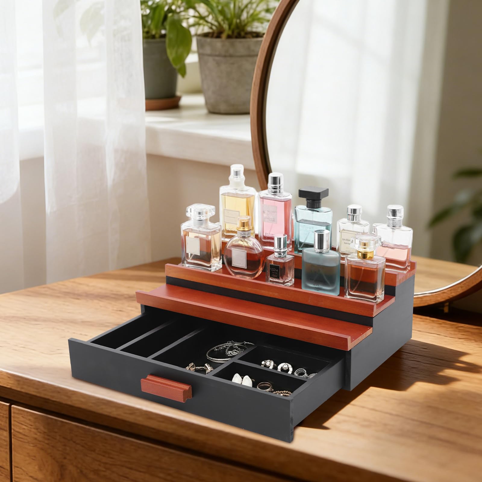 3 poziomy, drewniany organizer na perfumy z szufladą, czarny | 30 x 20 x 10 cm stopniowany stojak na perfumy pudełko do przechowywania figurek, lakierów do paznokci, kosmetyków