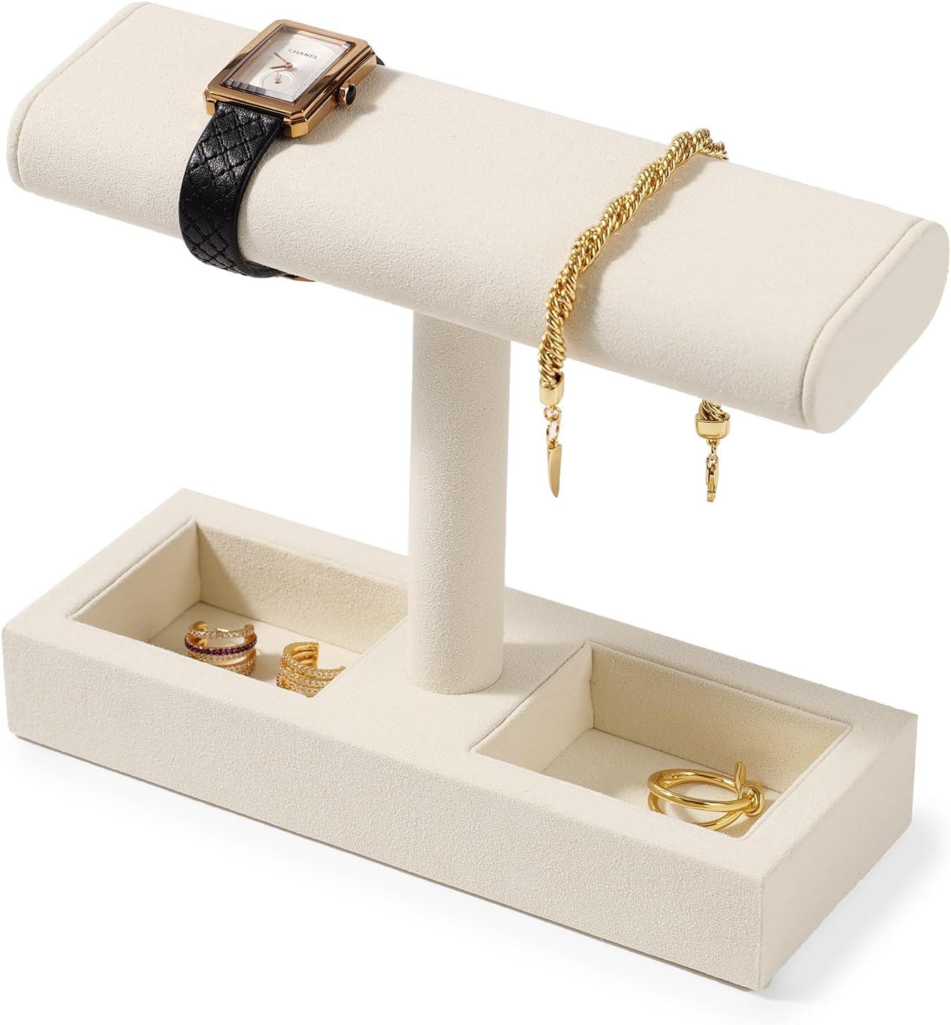 Microfiber Watch Display Stand T-bar Watch Ring Earrings Stand for Men and Women Jewelry Bracelet Wristwatch Organizer for Store and Home(Beige)