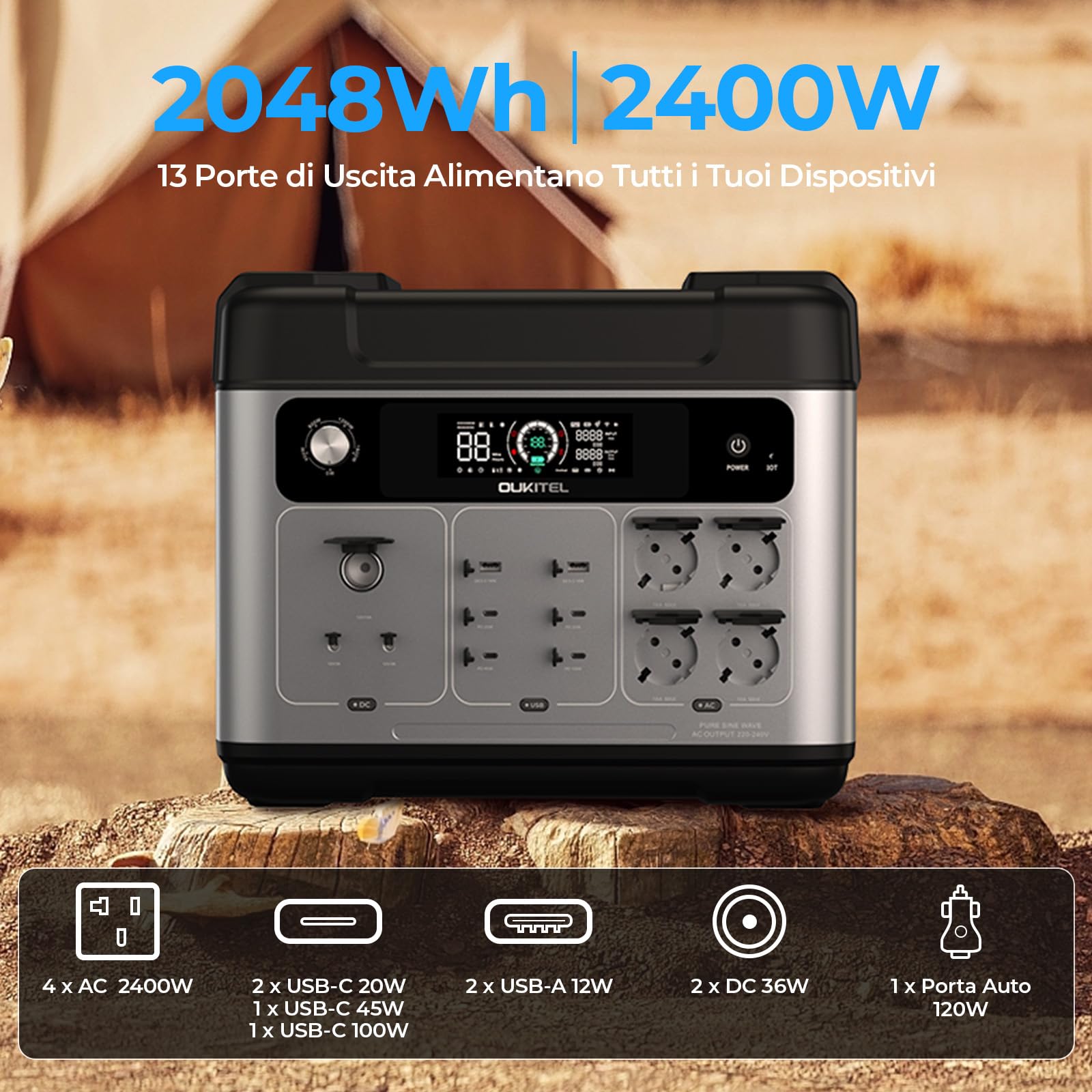 OUKITEL P2001 Plus Centrale Elettrica Portatile 2048Wh, Generatore Solare Batteria LiFePO4, 4 prese AC da 2400 W (4800 W Pic), Ricarica Rapida da 0 a 80% in 1 H per Casa Campeggio Emergenza, APP