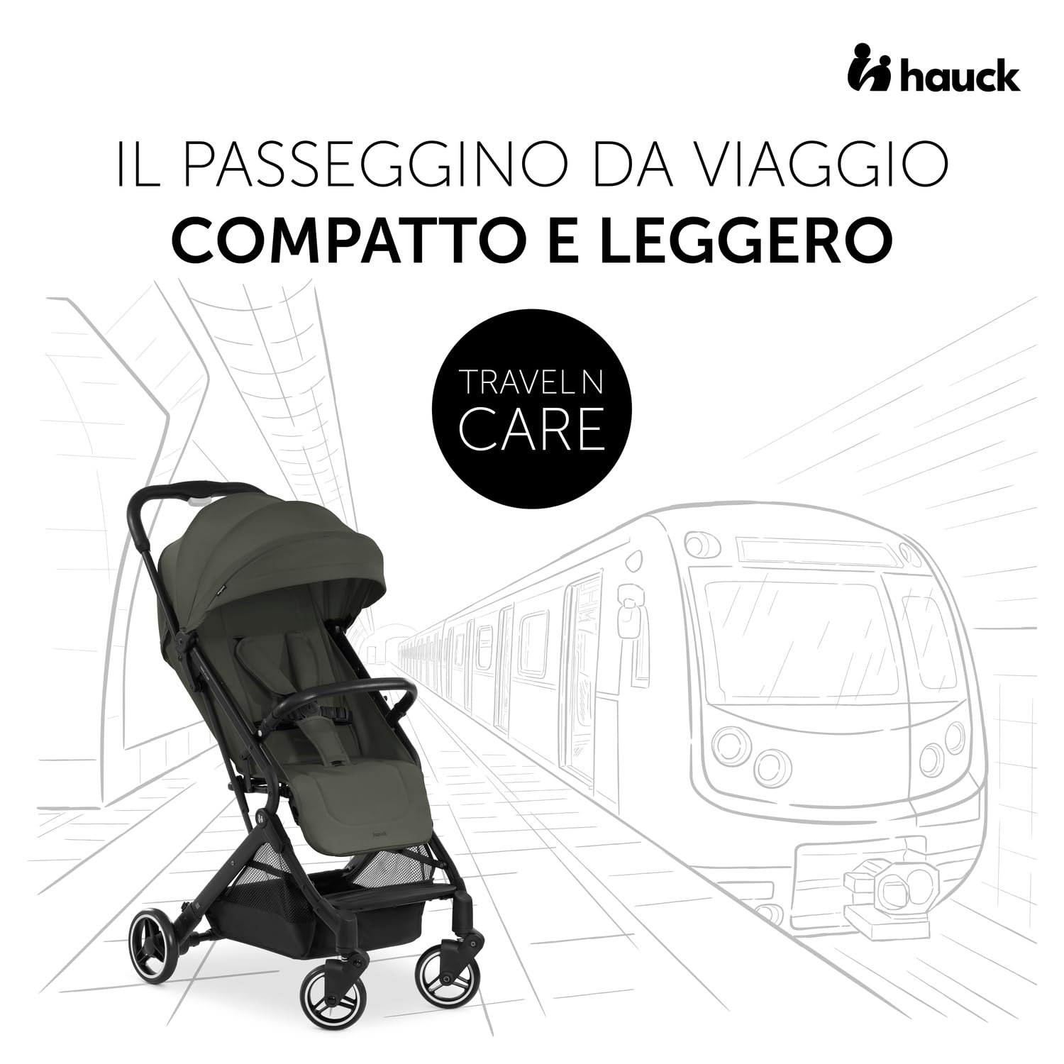 hauck Passeggino Da Viaggio Travel N Care Per Bambini Dalla Nascita a 22kg - Buggy Reclinabile, Ultraleggero 6,9kg - Si Piega Con Una Mano, UPF50+, Ruote EVA, Cesto Fino a 3kg - Verde oliva