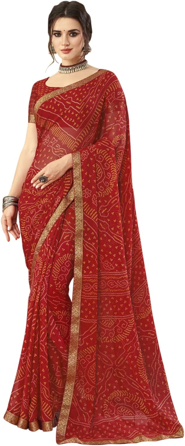 SIRIL Bandhani Women's Printed Chiffon and Lace Sari with Blouse
