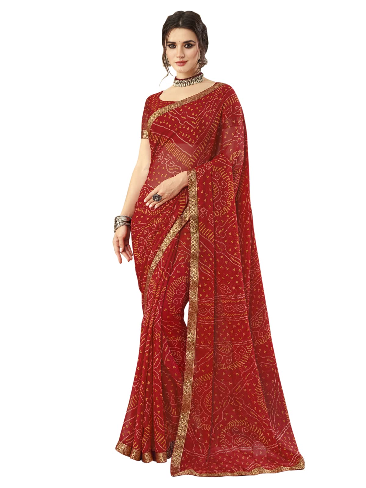 SIRILSIRIL Bandhani Women's Printed Chiffon and Lace Sari with Blouse
