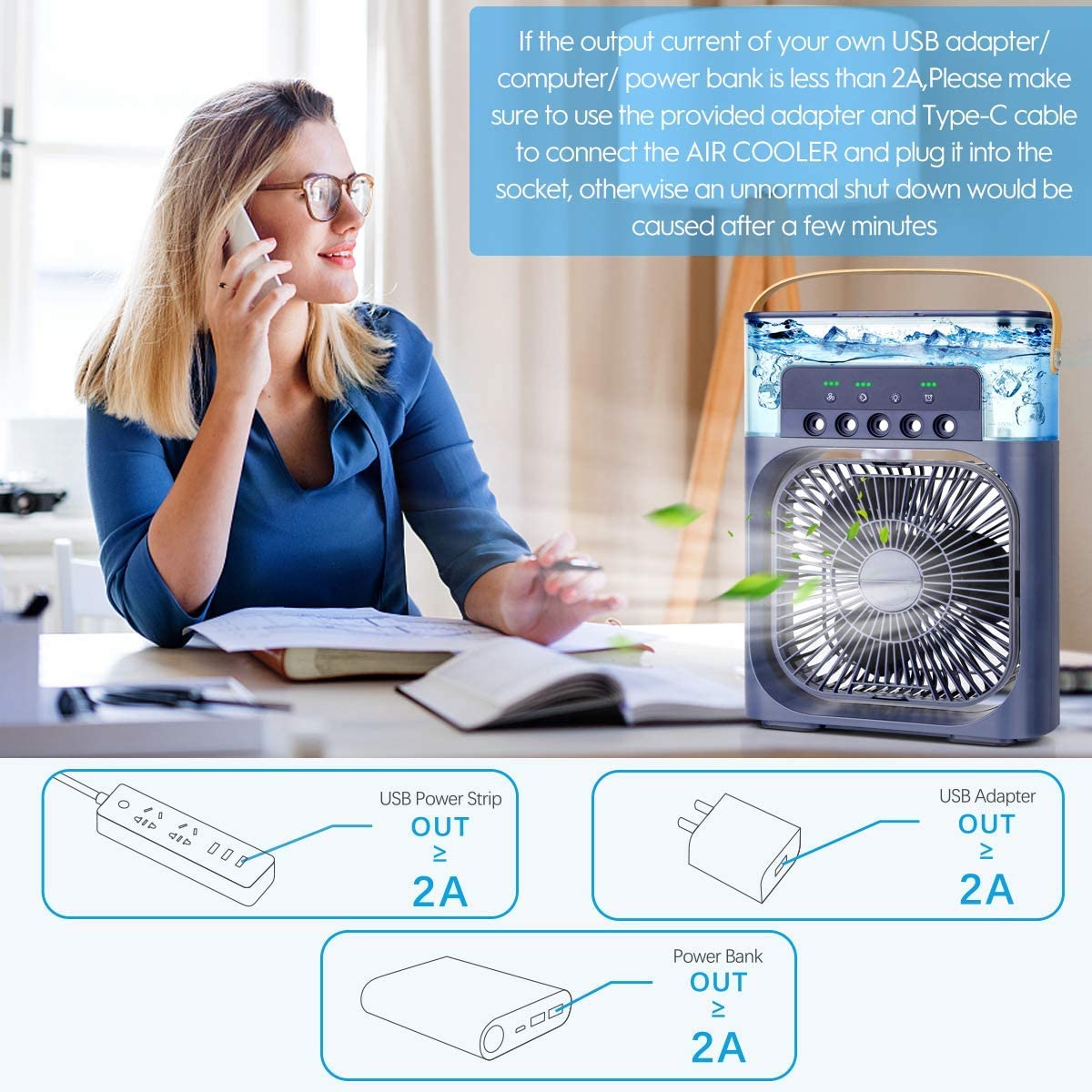 Amazon.com: Portable Air Conditioner Fan,900ML Personal Air Conditioner  with Ice Tray,5in1 Timming Evaporative Air Cooler,Cooling Fan with 7 Colors  Light, 5 Sprays,3 Speeds,Ac Fan for Small Room,Office,Car,Camp (Navy Blue)  : Everything Else
