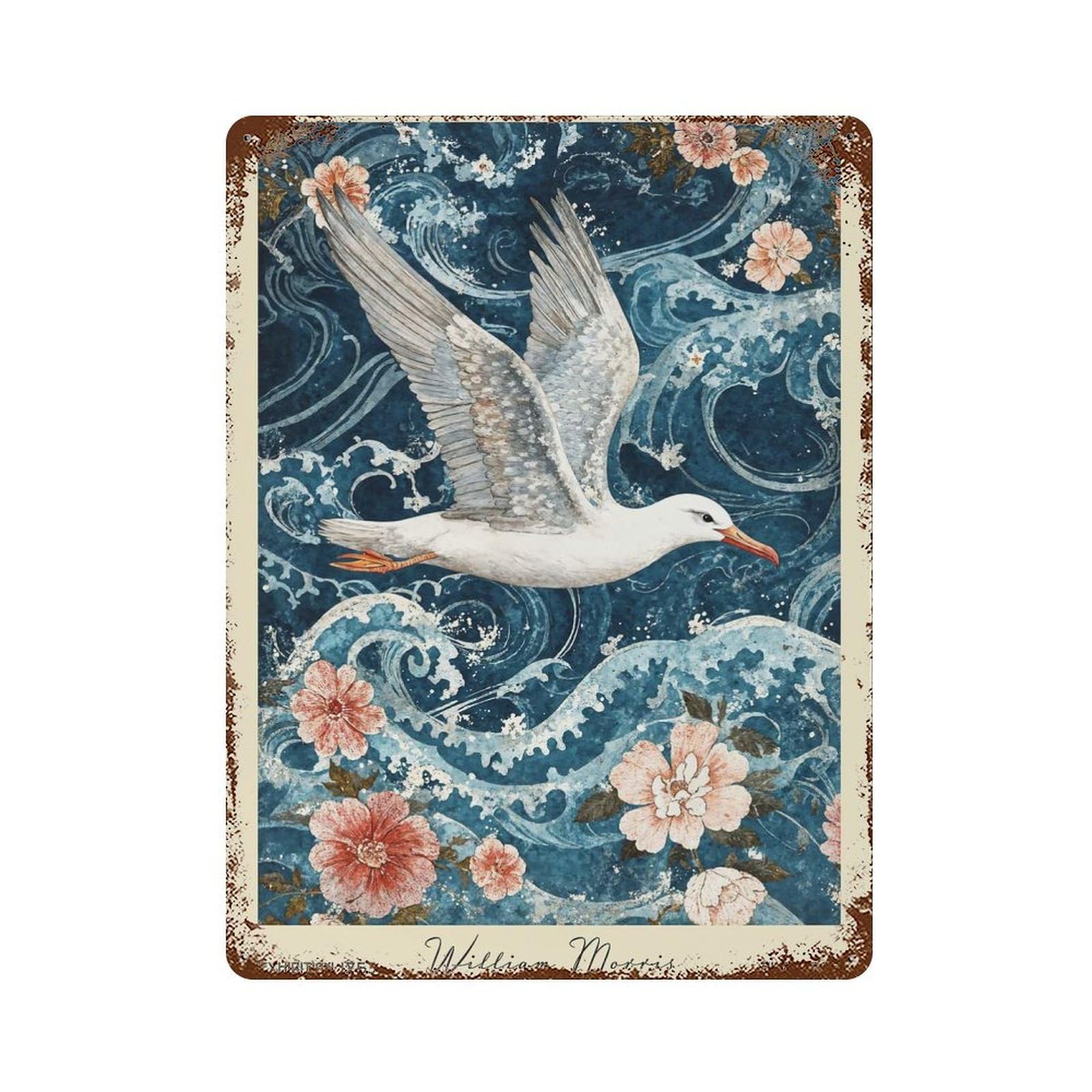 Rusty Metal Tin Sign with William Morris Albatross Nautical Flower Design 15.7"x11.8", for Farmhouse, Kitchen And Entryway Decor, Classic Wall Plaque