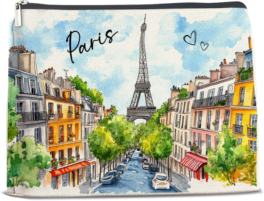 Paris Travel Gift Cosmetic Bag,City Travel Makeup Bag for Purse,Watercolor Paris Souvenirs Gifts,Trip Favors for Traveller Travelling Lovers