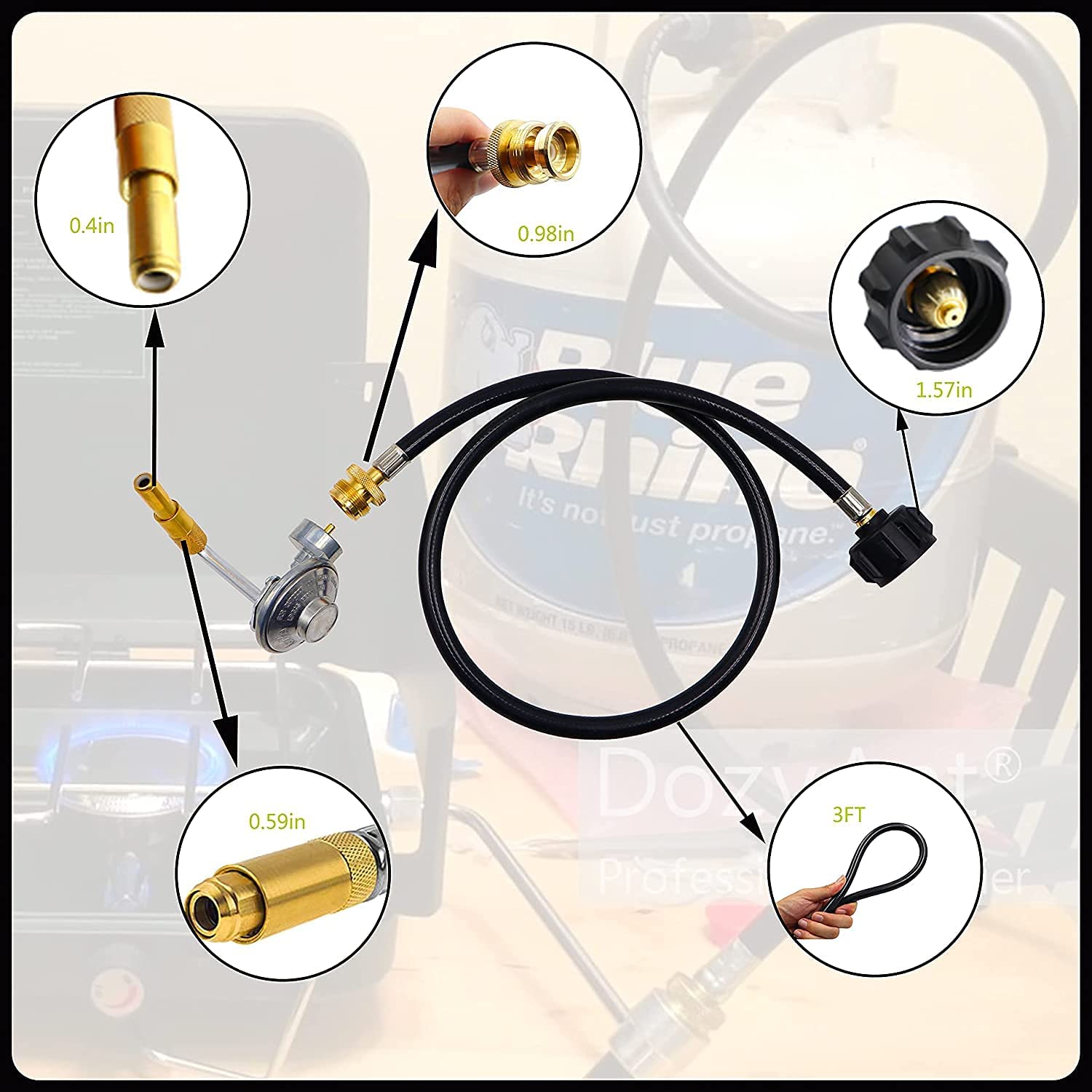 3 FT Propane Adapter Hose with Regulator,1 lb to 20 lb Converter Gas