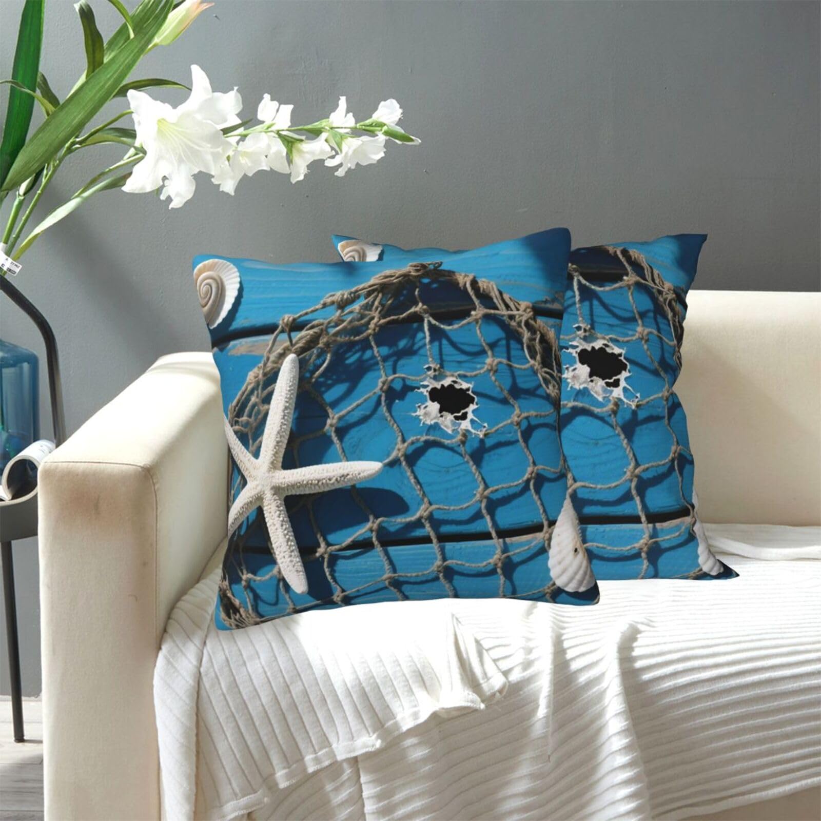 FekiLoot Decorative Throw Pillow Covers Modern Farmhouse Pillowcase Double Sided Cozy Cushion Cover for Sofa Couch Bed 18"X18" Starfish Shell Fishnet