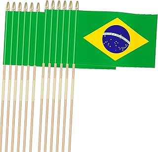 12 Pack Brazil Handheld Flags 8x12 Inch, Large Brazilian Flags with 35” Durable Wooden Stick (Two-Piece Pole & Connector Sleeve), Gold Spear Top, 300D Oxford Outdoor Parade & Yard Flags