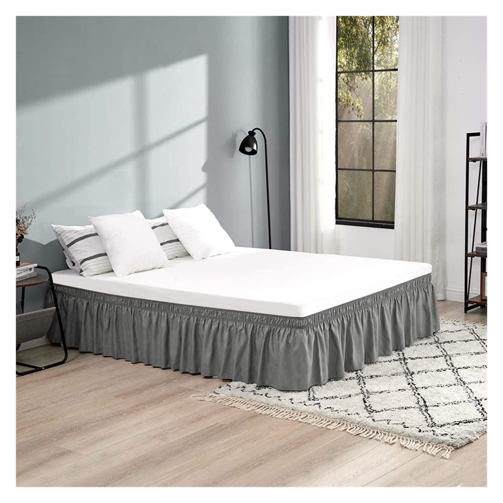 Solid Color Wrap Around Ruffled Bed Skirt with Strong Elastic -Fade Resistant Fabric 15 Inch High(Grey,Queen 150x200x38cm)