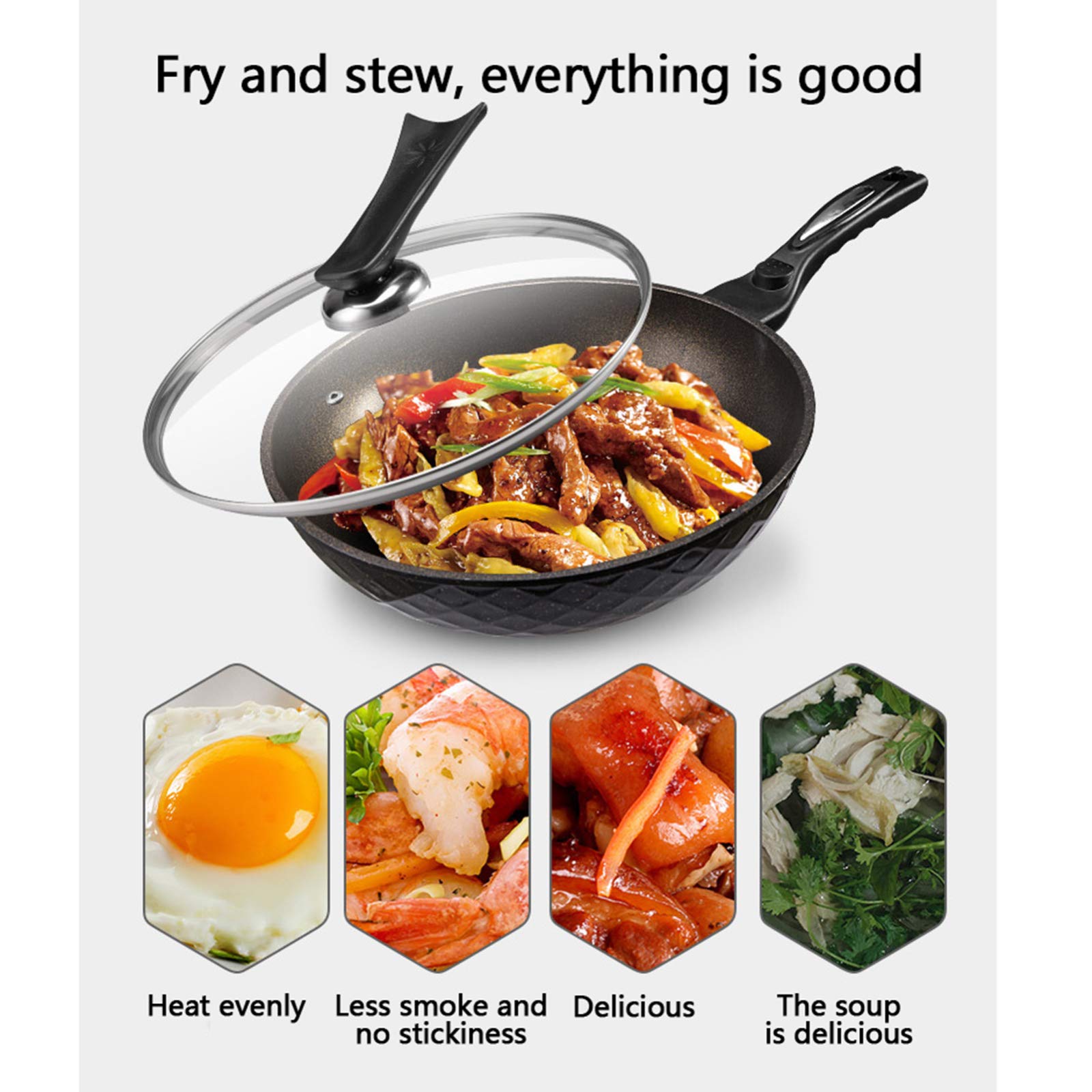 Patelnia do gotowania indukcyjnego 32 cm, aluminiowa powłoka nieprzywierająca, uchwyt antypoślizgowy zapobiegający oparzeniom, Wok i Wok, 2