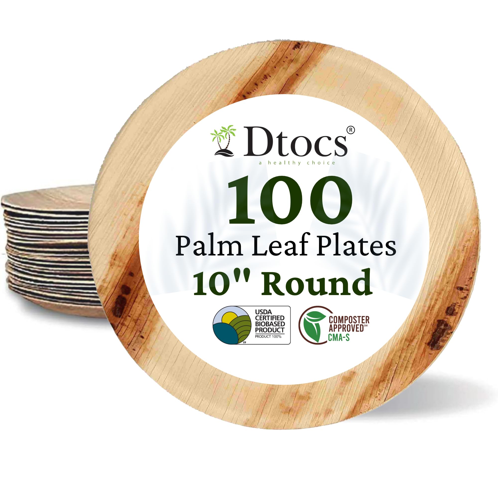Dtocs Palm Leaf Plates 10 Inch Round (100) | Bamboo Plates Disposable Like Compostable Dinnerware Set for Party, Dinner, Serving Platters, Charcuterie