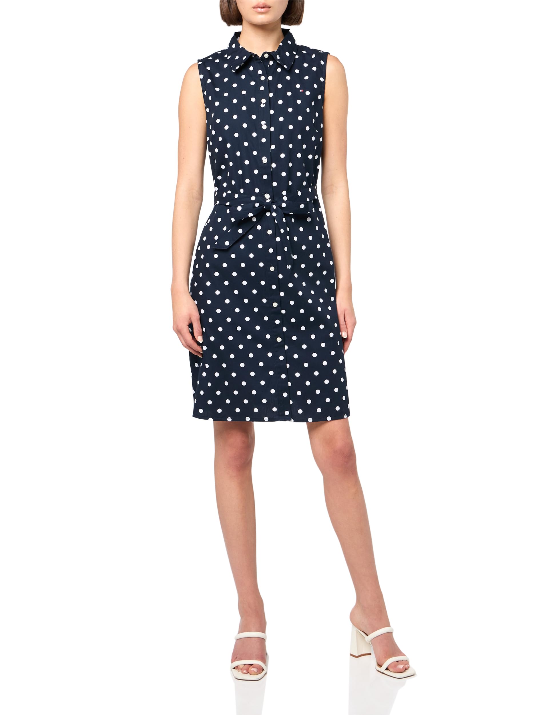Tommy Hilfiger Women's Sleeveless Collared Button Front Tie Waist Mini Shirt Dress