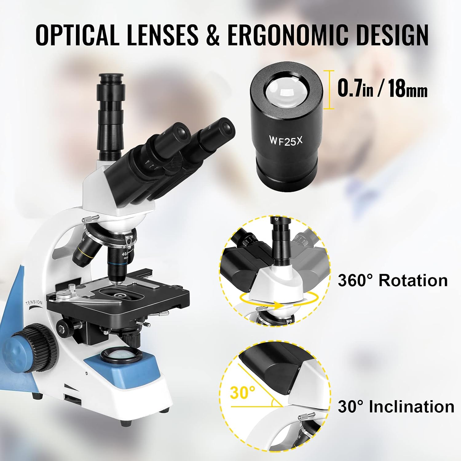 Happybuy Trinocular Compound Microscope 40X-2500X Magnification Digital Compound Microscope WF10X & WF25X Eyepieces Compound Light Microscope LED Light Abbe Condenser Siedentopf Head, Mechanical Stage