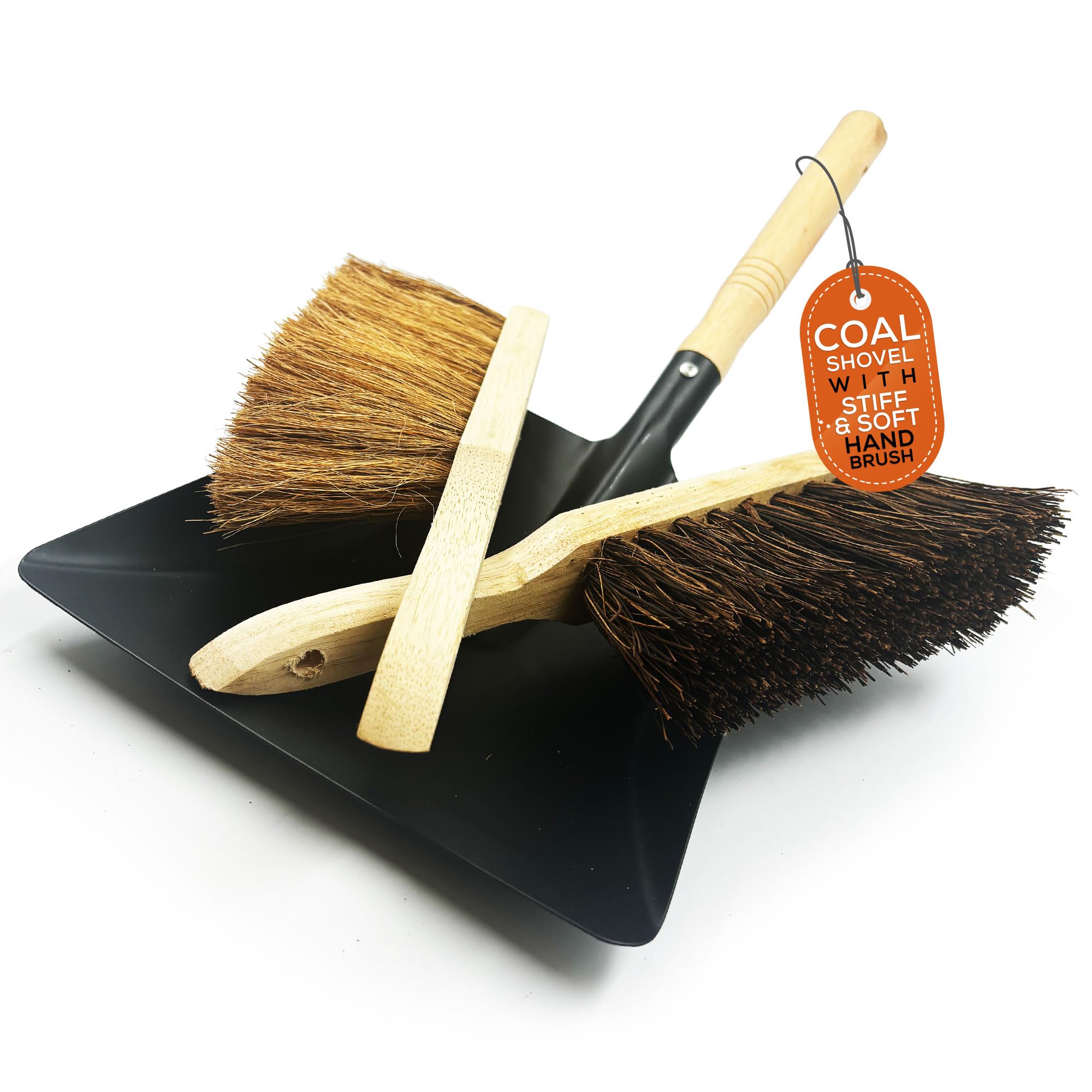 Strong Metal Coal Shovel Heavy Duty with Soft Hand Brush and Hard Bristle Brush, Coal Bunker Ash Shovel Ideal for Fireplace Cleaning, Metal Dustpan and Brush Set for Ash, Coal, Home Fire Tools