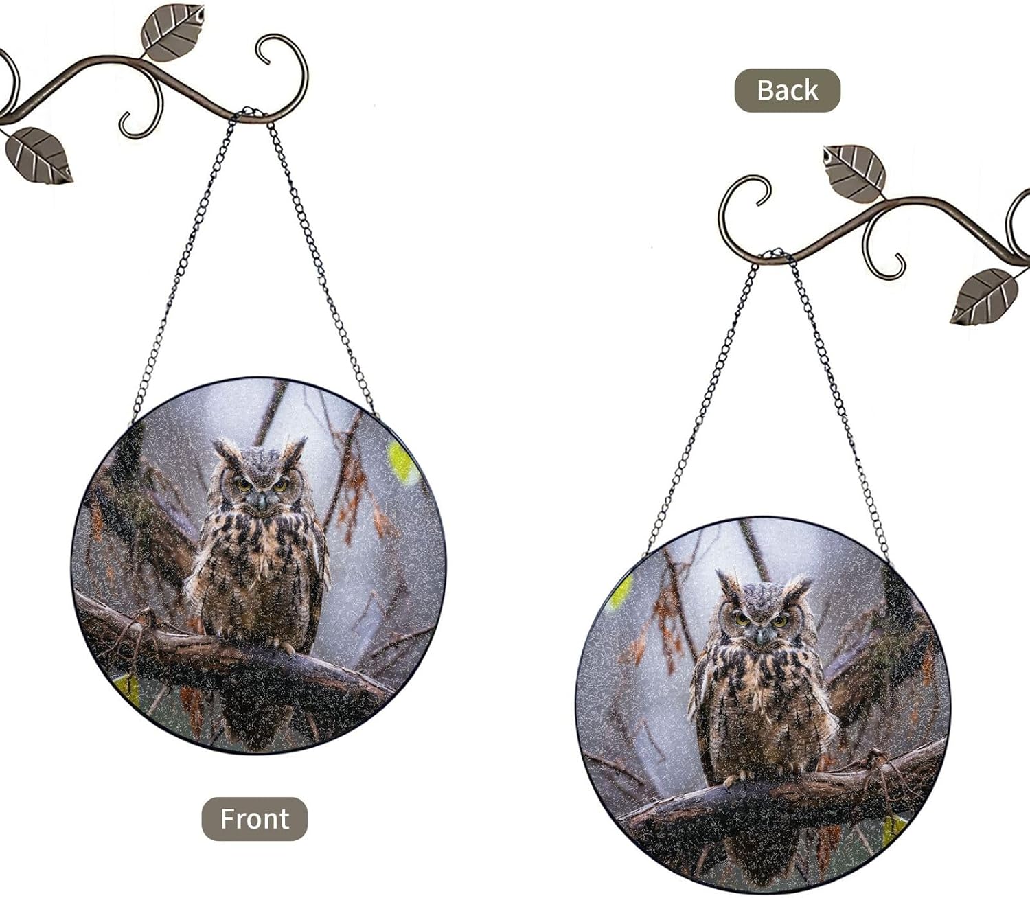 Stained Glass Window Hanging 6in（15cm）, Owl on a Branch Glass Suncatcher for Home Decor, Indoor Wall Art Glass Panel with Metal Chain and Hooks, Sun Catcher Ornament Birthday Gifts