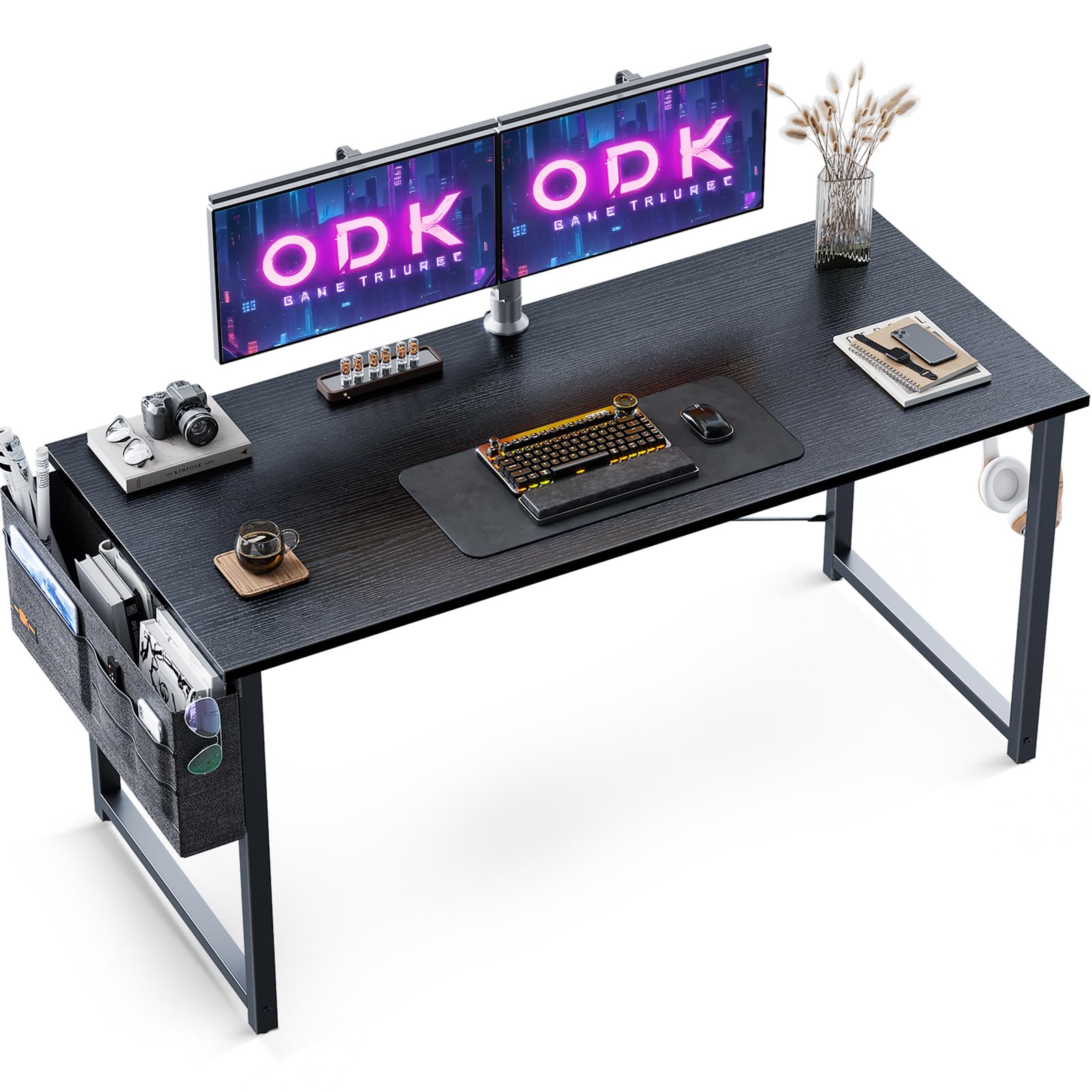 ODK Escritorio de Ordenador, 120x48x73.5cm Mesa de Estudio de Ordenador con Bolsa de Almacenaje y Gancho para Auriculares Mesa de Escritura de Ordenador para Oficina, Dormitorio