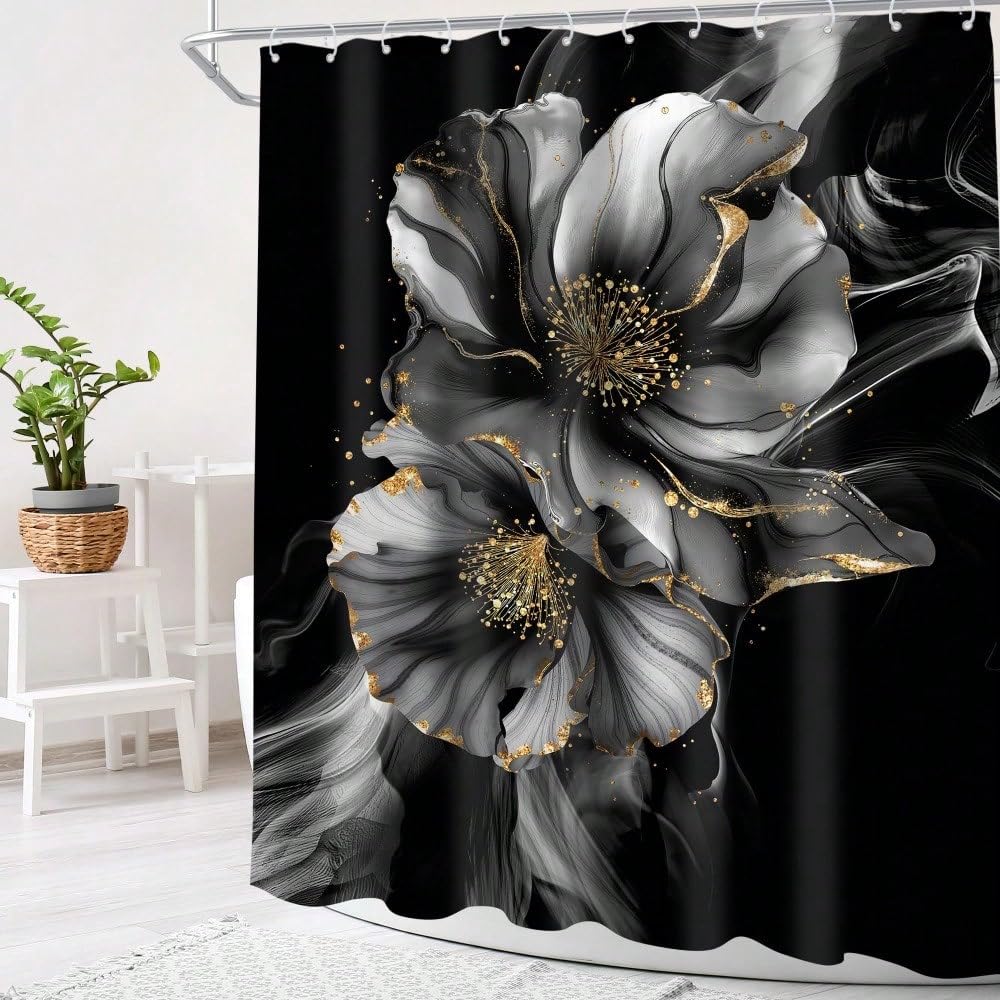 Schwarzer und goldener abstrakter Duschvorhang mit Blumenmuster, moderner grauer Marmorblumen-Goldton, elegante Tintenstruktur, Badezimmer-Vorhangset für Damen (300 x 200 cm / 118 x 79 Zoll (B x H))