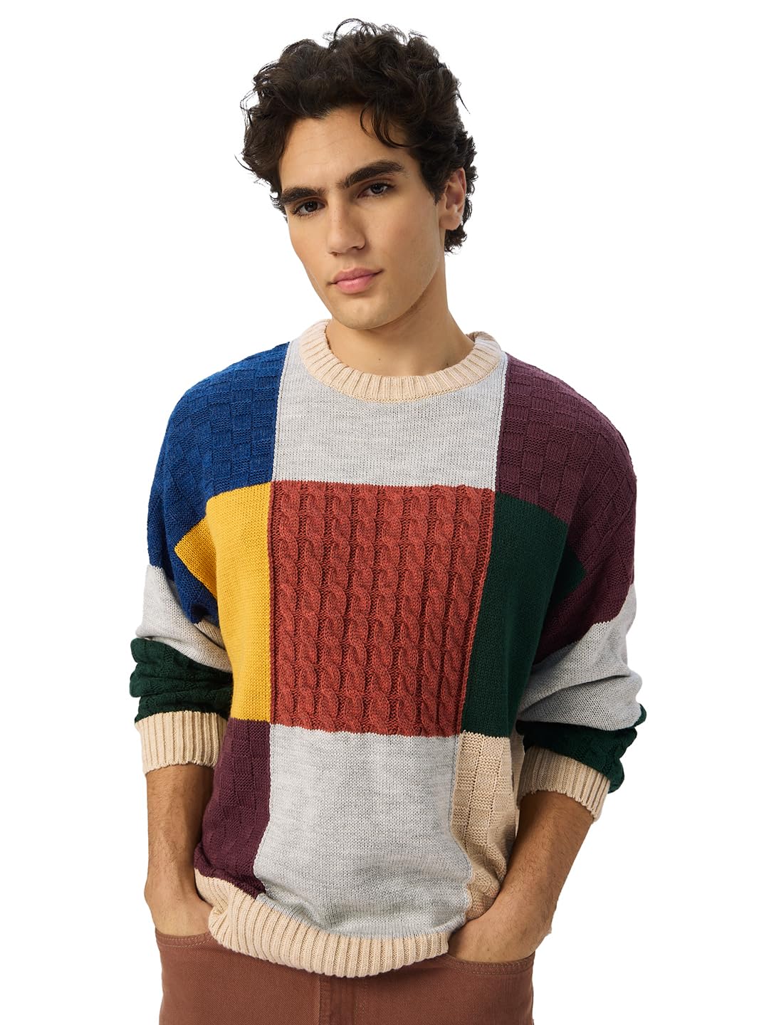 the souled store Colourblock Pullover: Autumn Hues Men and Boys Long Sleeves Round Neck Multicolored Acrylic Oversized Pullovers-picture-52