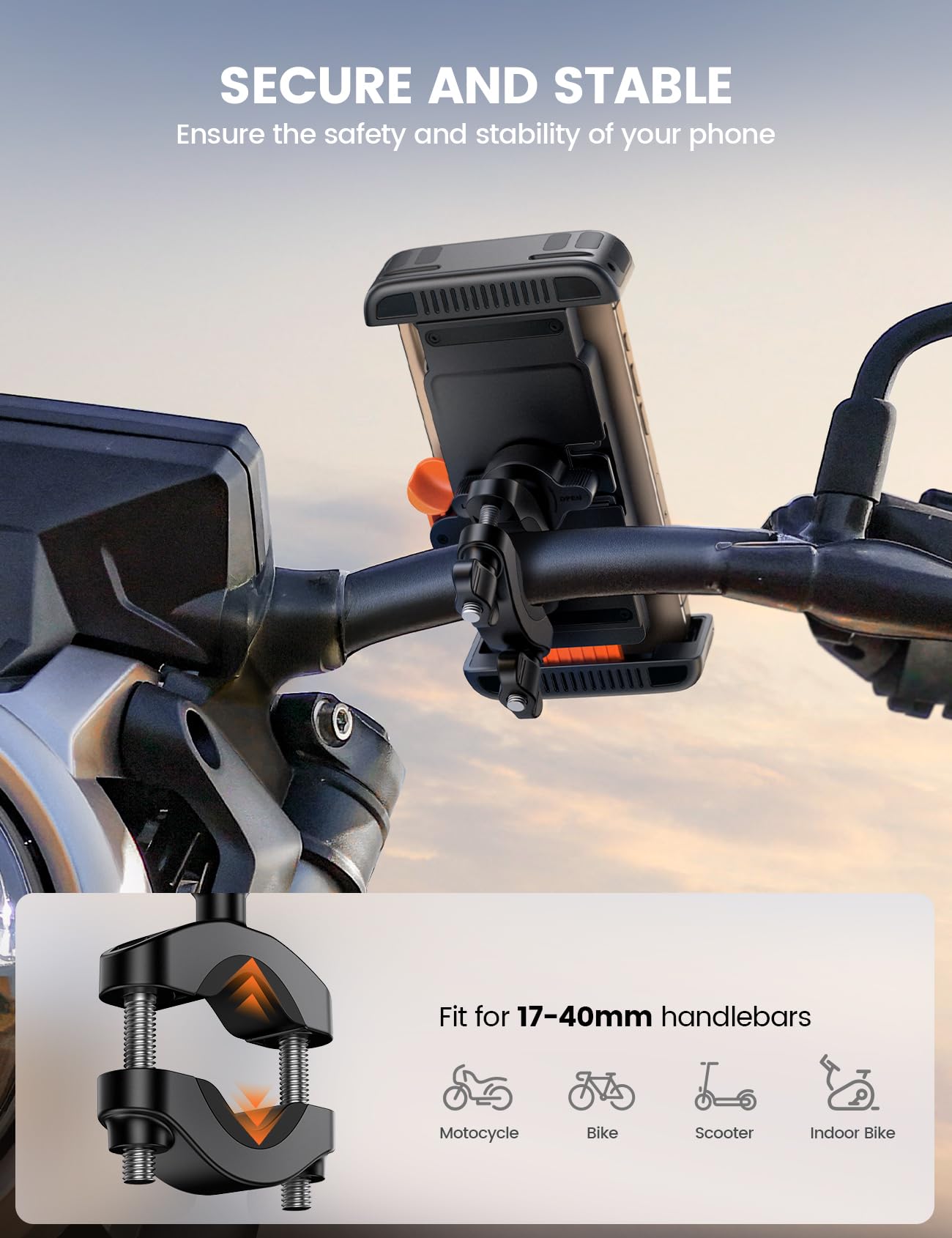 Lamicall Bike Phone Holder Bicycle - 【Foldable Clamp】 Motorbike Phone Holder, Universal Motorcycle Handlebar Clamp Mount for iPhone 17 16 15 14 13 Pro Max Mini Air, Samsung S25, All Phones - Orange — view 3