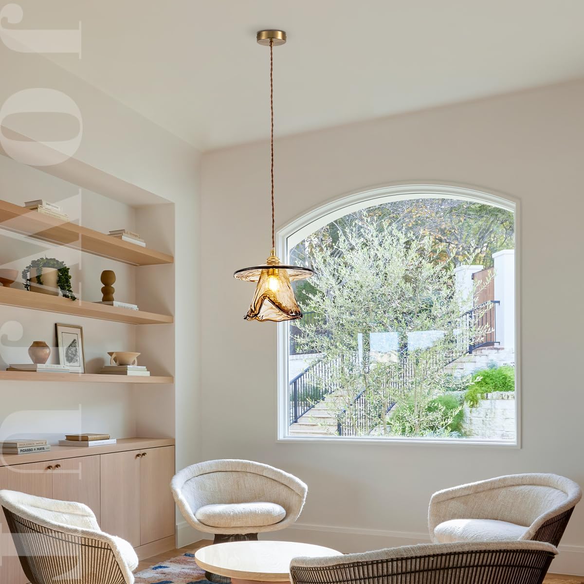 Vintage Amber Glass Pendant Light Adjustable Brushed Gold Ceiling Lamp with Globe Shade for Kitchen Island, Dining Room, Bedroom, Farmhouse Modern Chandelier, E26 Bulb Base