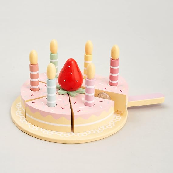 Hooga Birthday Cake Toy Pretend Toy Role Play Set Kids Cutting Toys, Pink | With Removable Candles and Strawberry Decoration, Plate, and Cake Knife