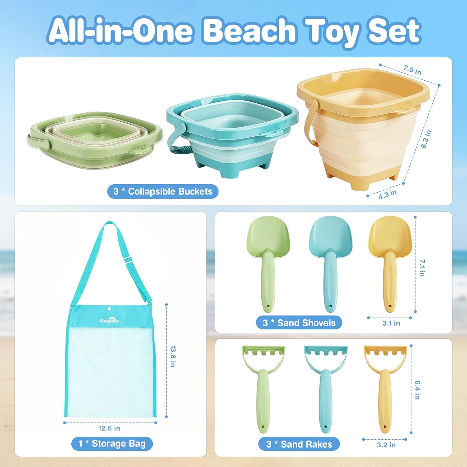 Dreamon Beach Toys, 3 Pack Collapsible Sand Buckets for Kids, Shovels & Rakes Set with Mesh Bag, Kids Beach Essentials Sandcastle Building Kit for Beach Trip Outdoor Play and Summer Fun
