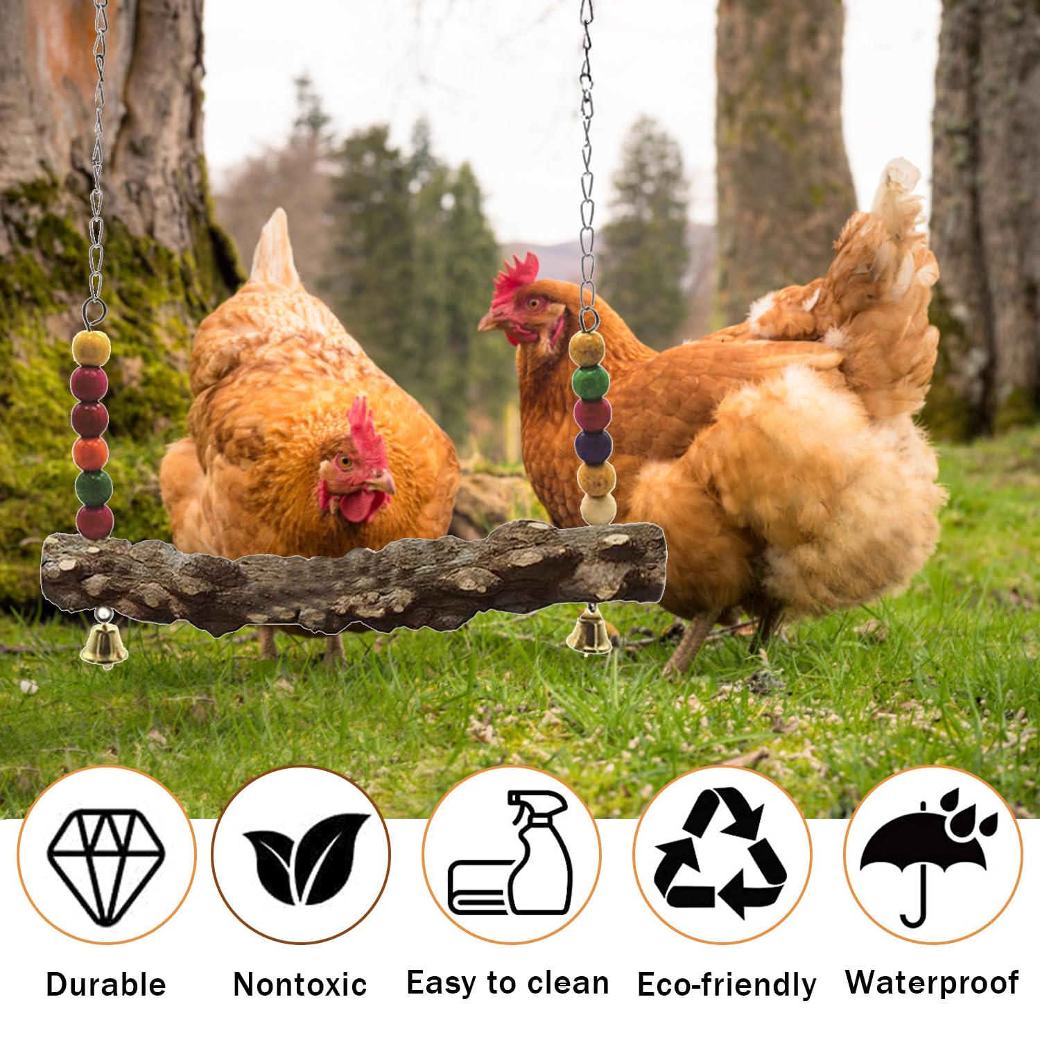 Columpio para pollo, percha de pollo, juguetes de columpio de madera natural, soporte de madera para pollitos, accesorios de gallinero, columpio hecho a mano para pollo, pájaro, loro, gallinas (4