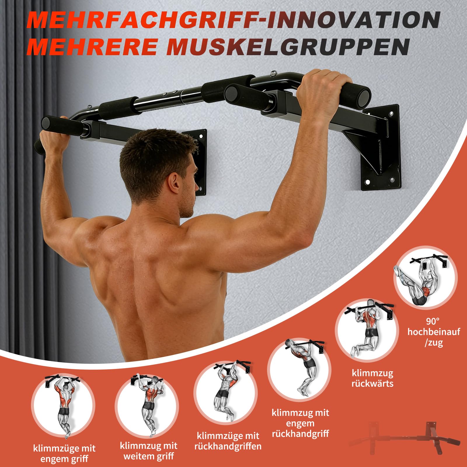ISE Klimmzugstange Wand zur Wandmontage, Pull Up Bar mit rutschfesten Griffen, Klimmzugstange Decke mit Wandhalterung & 8 Schwerlastdübel zur Montage SY-165