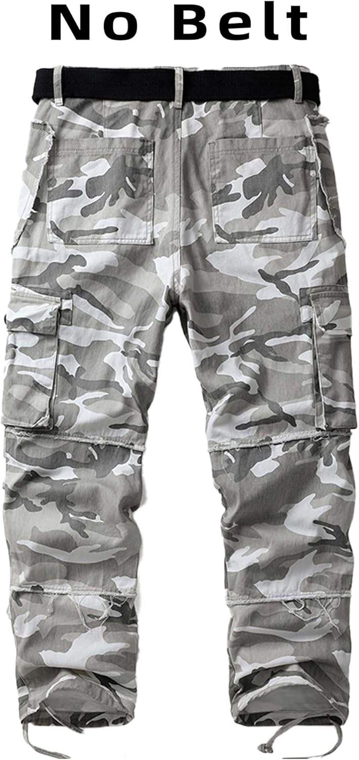 Men's Camo Cargo Work Pants Raw Edge Cotton Casual Streetwear Ripstop Outdoor Trousers with Multi Pockets - Image 2