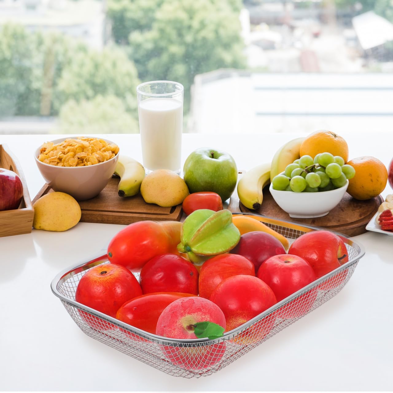 Unomor Stainless Steel Mesh Fruit Basket 14.5X10.6 Inch Kitchen Strainer for Vegetables and Fruits Multi-Function Convenient Drain Basket