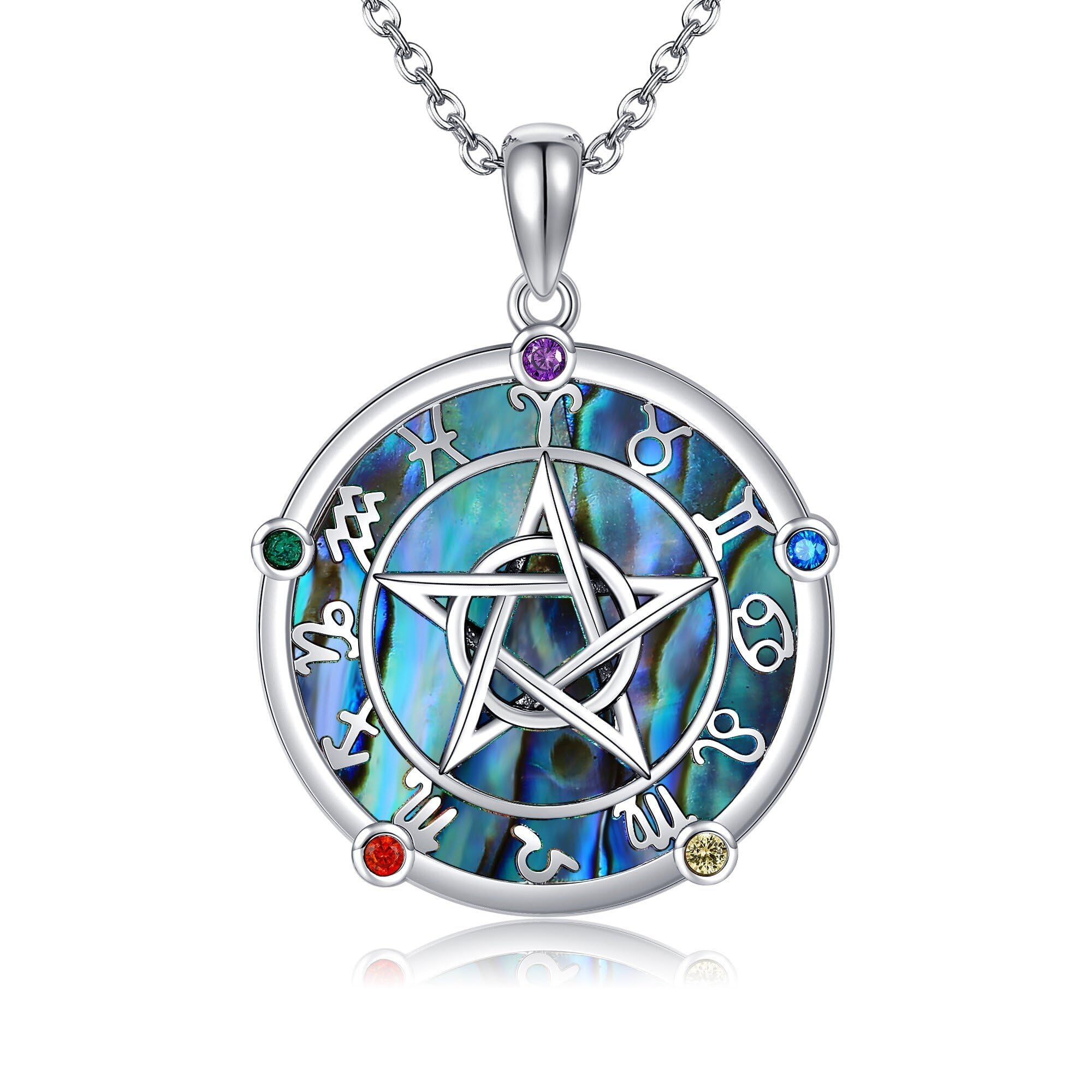 Pentagram Pentacle Necklace S925 Sterling Silver 12 Zodiac Pentagram Necklaces for Women Wiccan Witch Pagan Jewelry