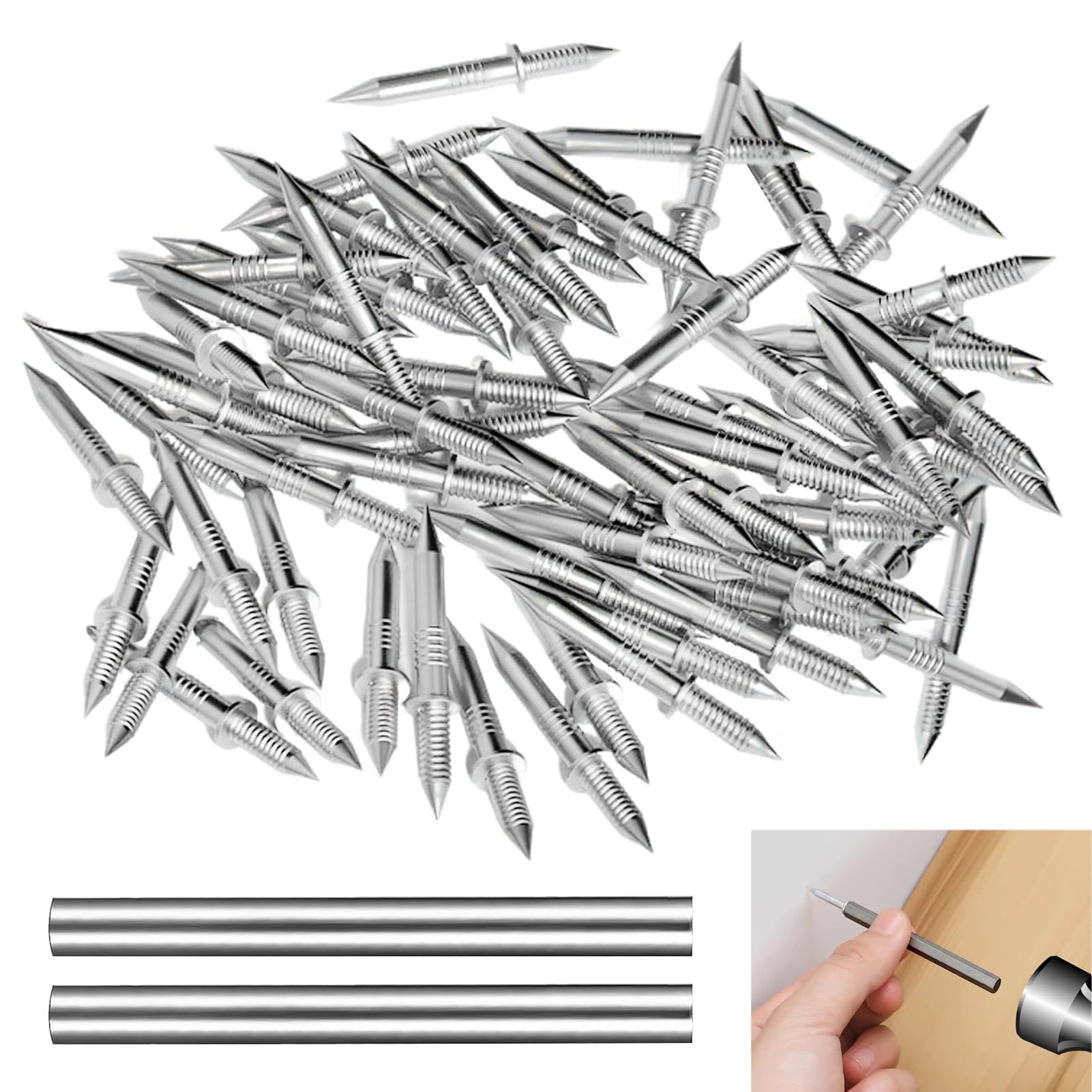 100 PCS Double Headed Skirting Board Nails, Double Sided Traceless Nails Invisible Security Screws with 2 Sleeve Tools for Wood Furniture, DIY Craft Projects, Baseboards, Sofas, and Headboards