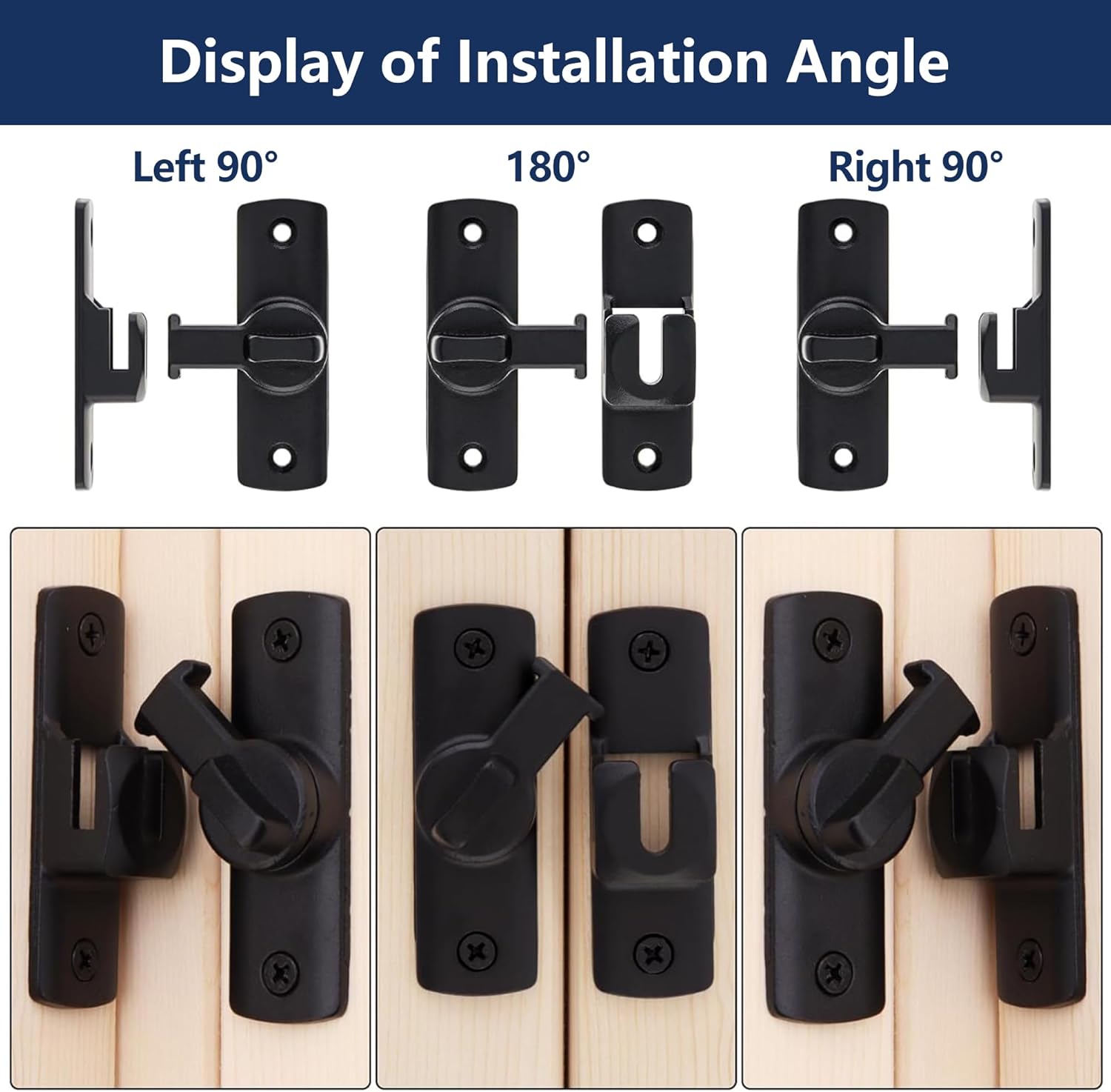 90/180 Degree Barn Door Lock, Heavy Duty Sliding Barn Door Latch, Aluminum Door Lock Latch Hardware for Bathroom, Cabinet, Closet, Garden Gate, Childproof Privacy Slide Latch Lock (Black)