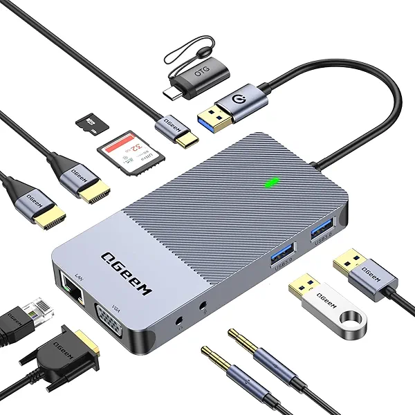 QGeeM USB 3.0 Laptop Docking Station, Triple Display USB Hub Hdmi Splitter Extender Dual Monitor,USB Dock with 2 HDMI, VGA, USB 3.0, Card Reder Compatible for MacBook M1 M2 M3 M4 Dell HP Lenovo Mac OS