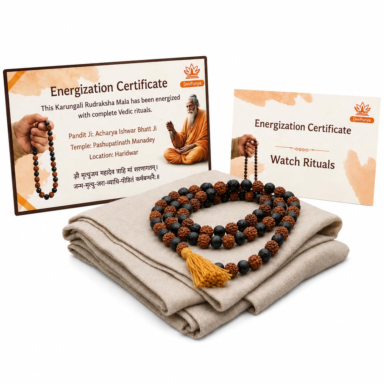 DevPunya Authentic Karungali & Rudraksha Abhi Mantrit Mala 108+1 Beads, Video Proof from Pandit Ji, Purity Certified, Unpolished Ebony Wood & Original Rudraksh
