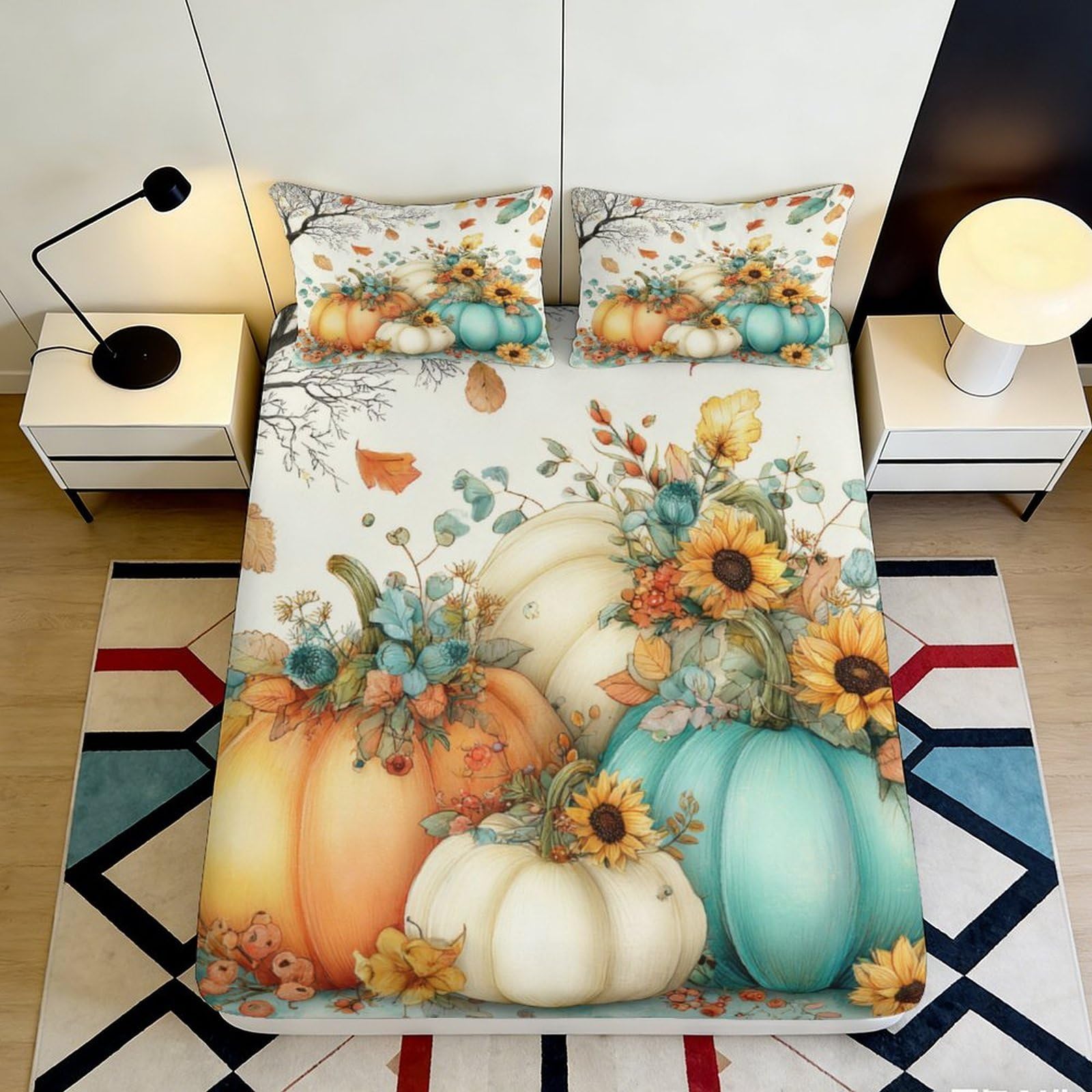 3D Printed Pumpkin Sunflower Fitted Sheet Microfiber Autumn Harvest Floral Mattress Cover for Bedroom Guest Room Decor 90x200x25cm