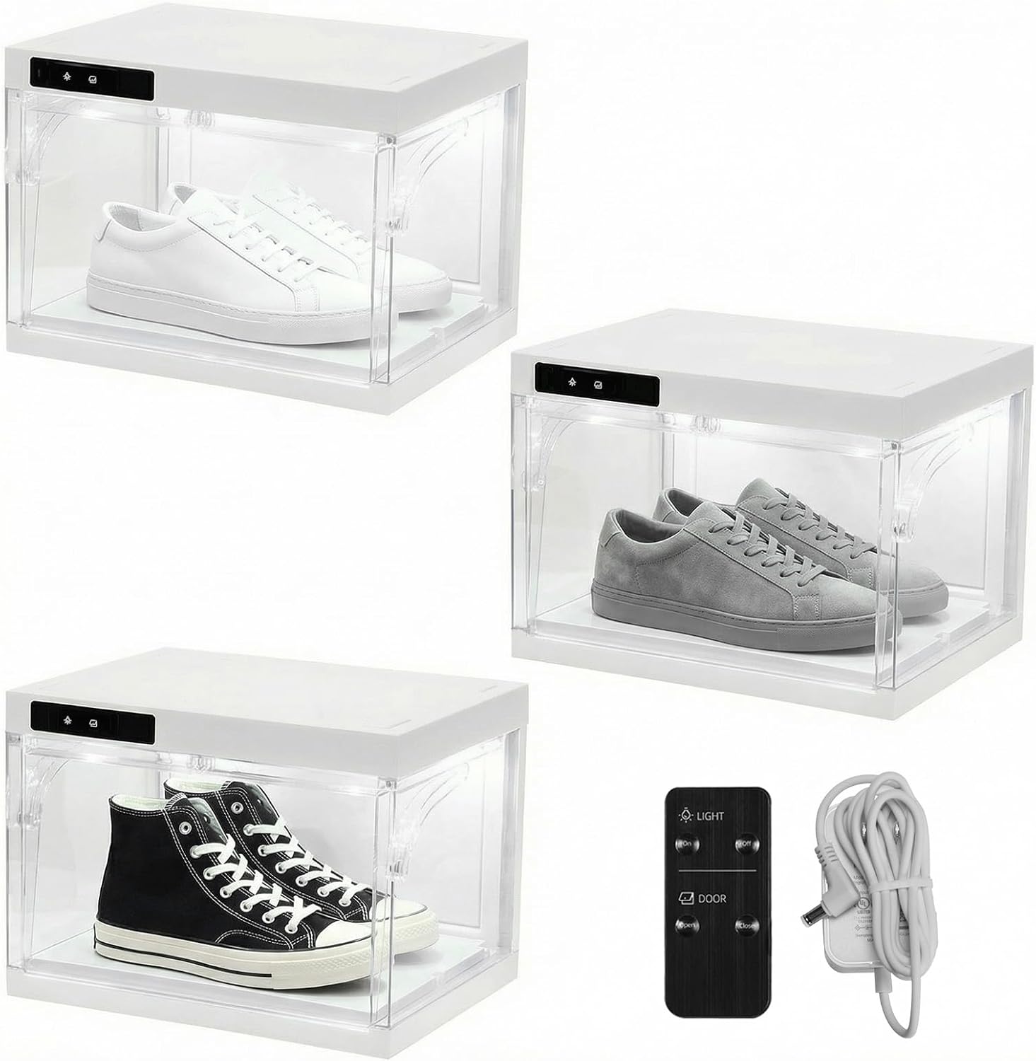 ETOYA Shoe Box Organizer: Smart Shoe Display Box with Led Lights, 3 Pack Clear Shoe Storage Organizer with Automatic Door, Remote Control Clear Stackable Sneaker Shoe Boxes with LED Lights