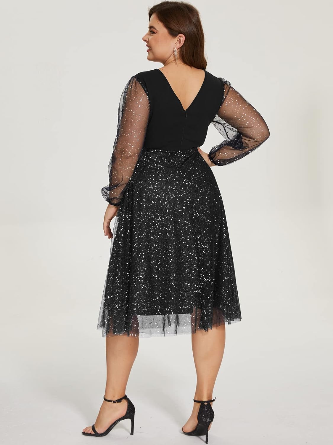 Parara Plus Size Mesh Cocktail Evening Party Dress for Women V Neck Long Sheer Sleeve Midi Formal Dresses - Image 2