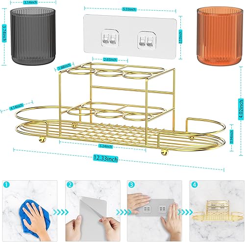 Miniatura 5 de Aolldy Portacepillos de dientes con 2 tazas  Soporte de pared para cepillos de dientes eléctrico de acero inoxidable dorado, soporte para maquinilla