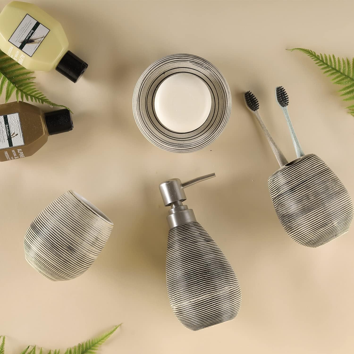 MyGift 4 Pc Line Textured Dark Brown Ceramic Soap Dish, Soap Dispenser, Toothbrush Holder & Tumbler Bathroom Set