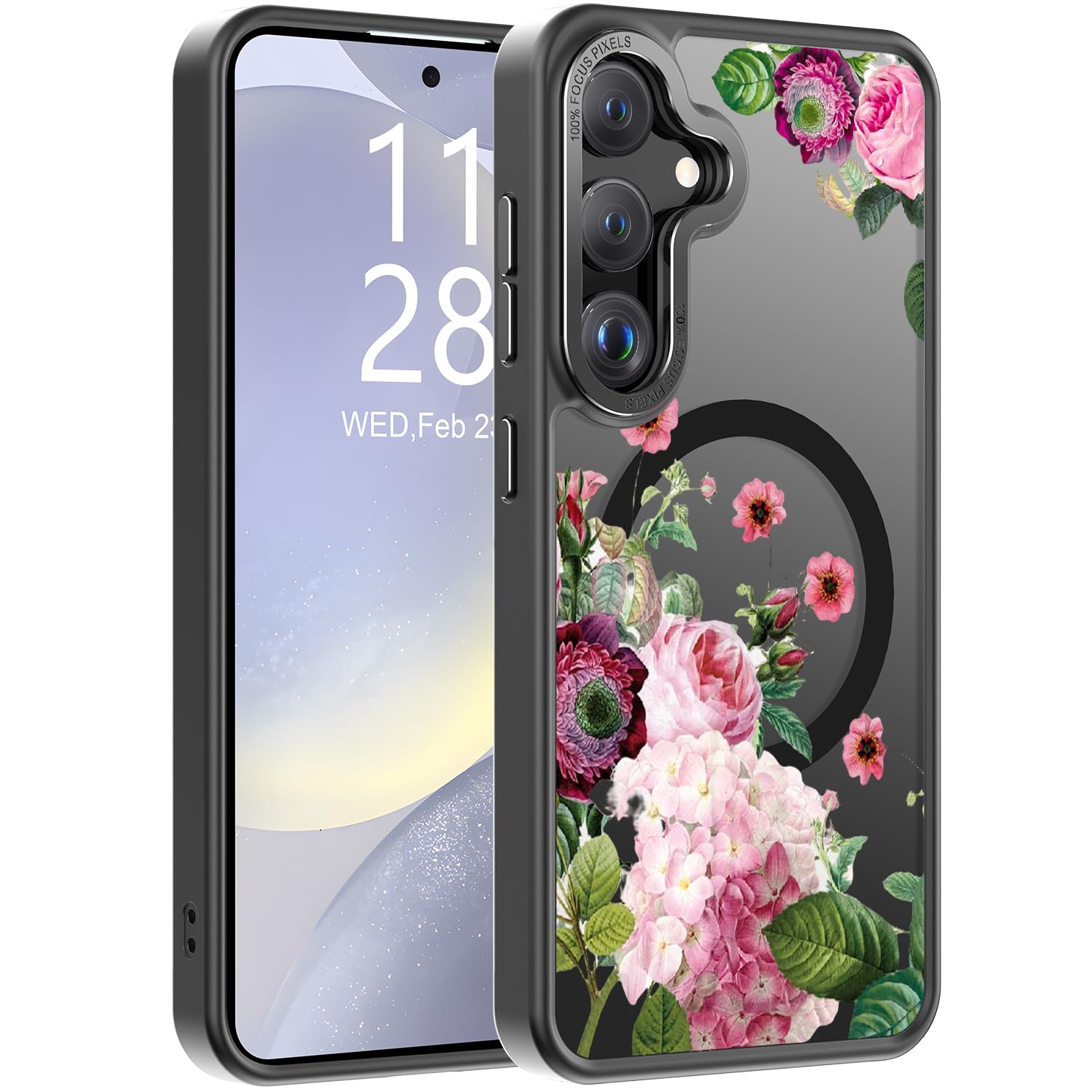Goodon for Galaxy S24 Case, Wireless Charging Compatible, Shockproof Translucent Matte Cover - Cute Floral Design Phone Case for Women Girls - Pink