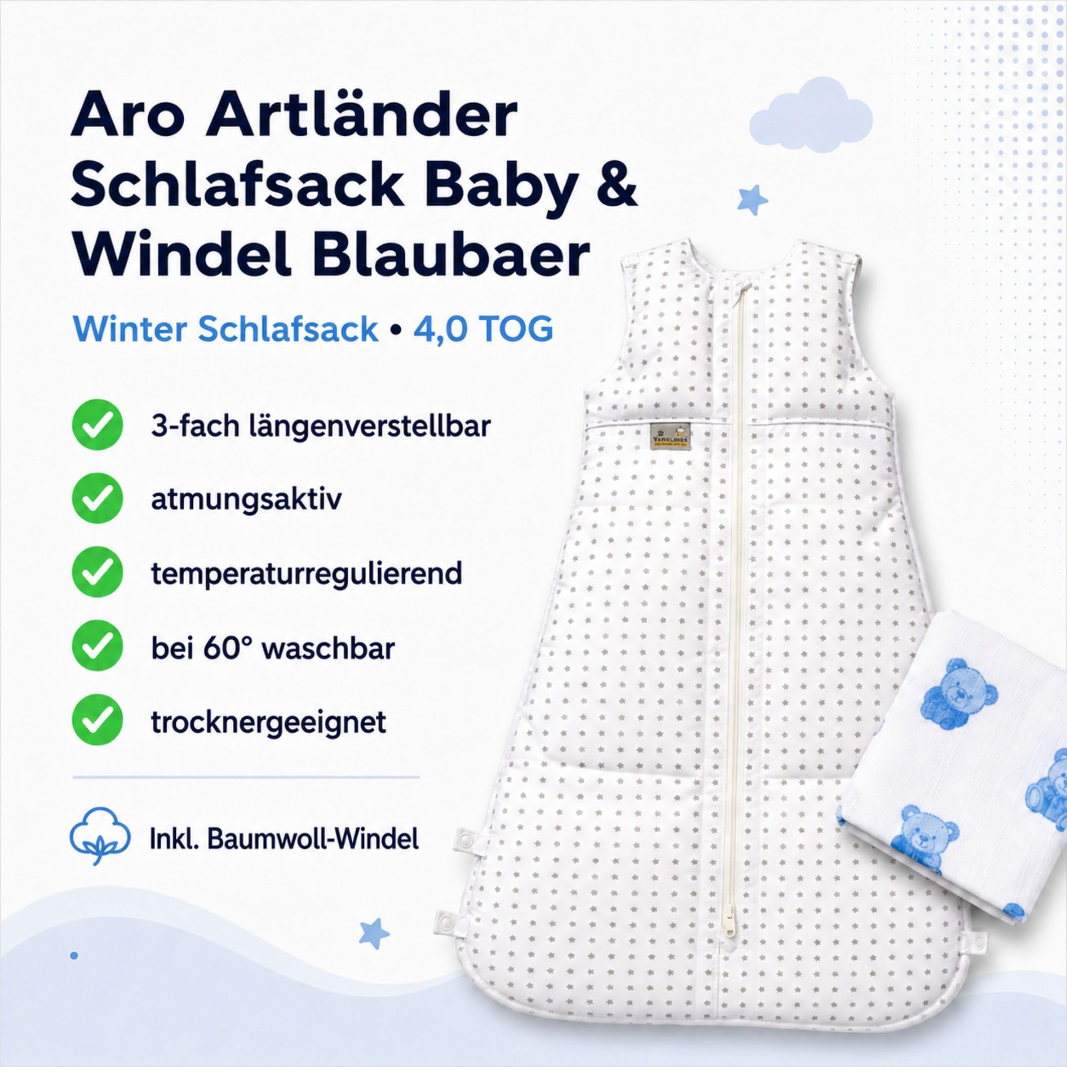 Set ARO Artländer Daunenschlafsack mit Stoffwindel Blaubär/Winterschlafsack längenverstellbar/Baby-Schlafsack mit Premiumdaunen