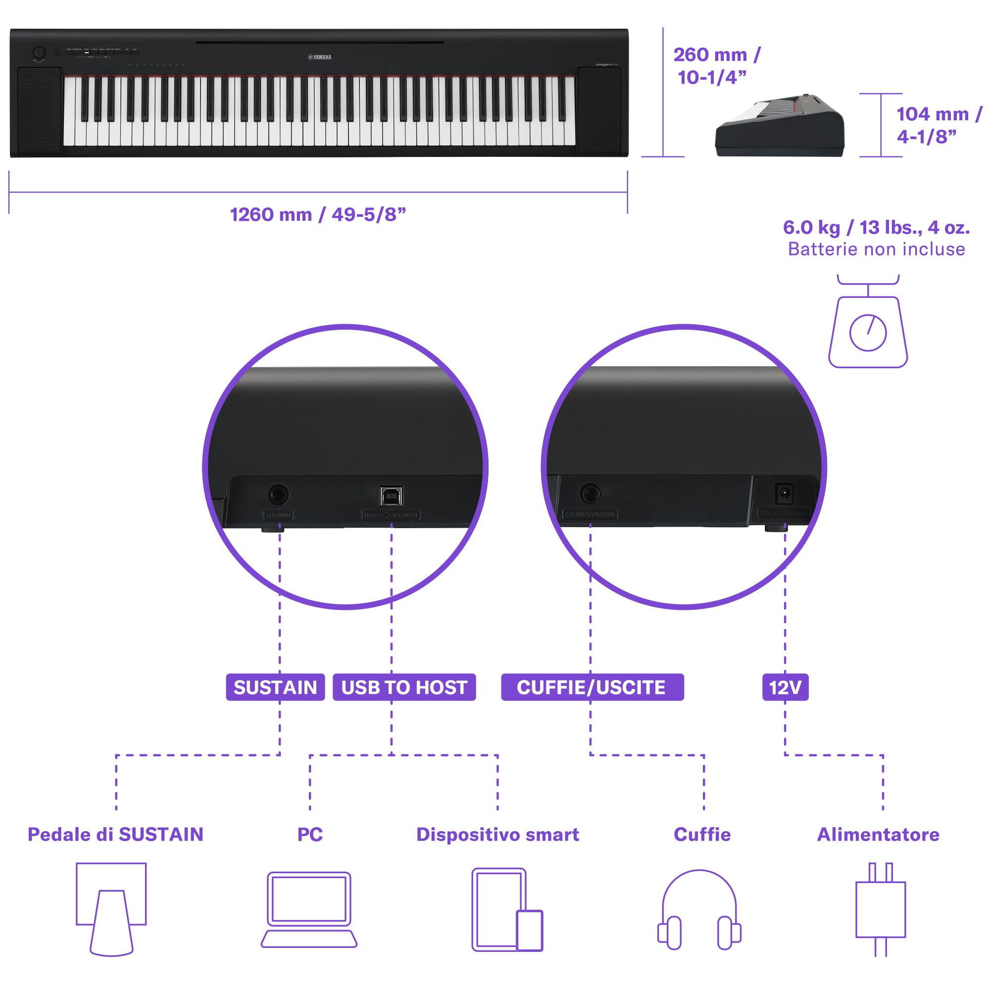 Yamaha NP-35 Piaggero Digital Keyboard - Tastiera Digitale Versatile e Portatile con 76 Tasti Graded Soft-Touch, 15 Voci Strumentali, Leggera e Portatile