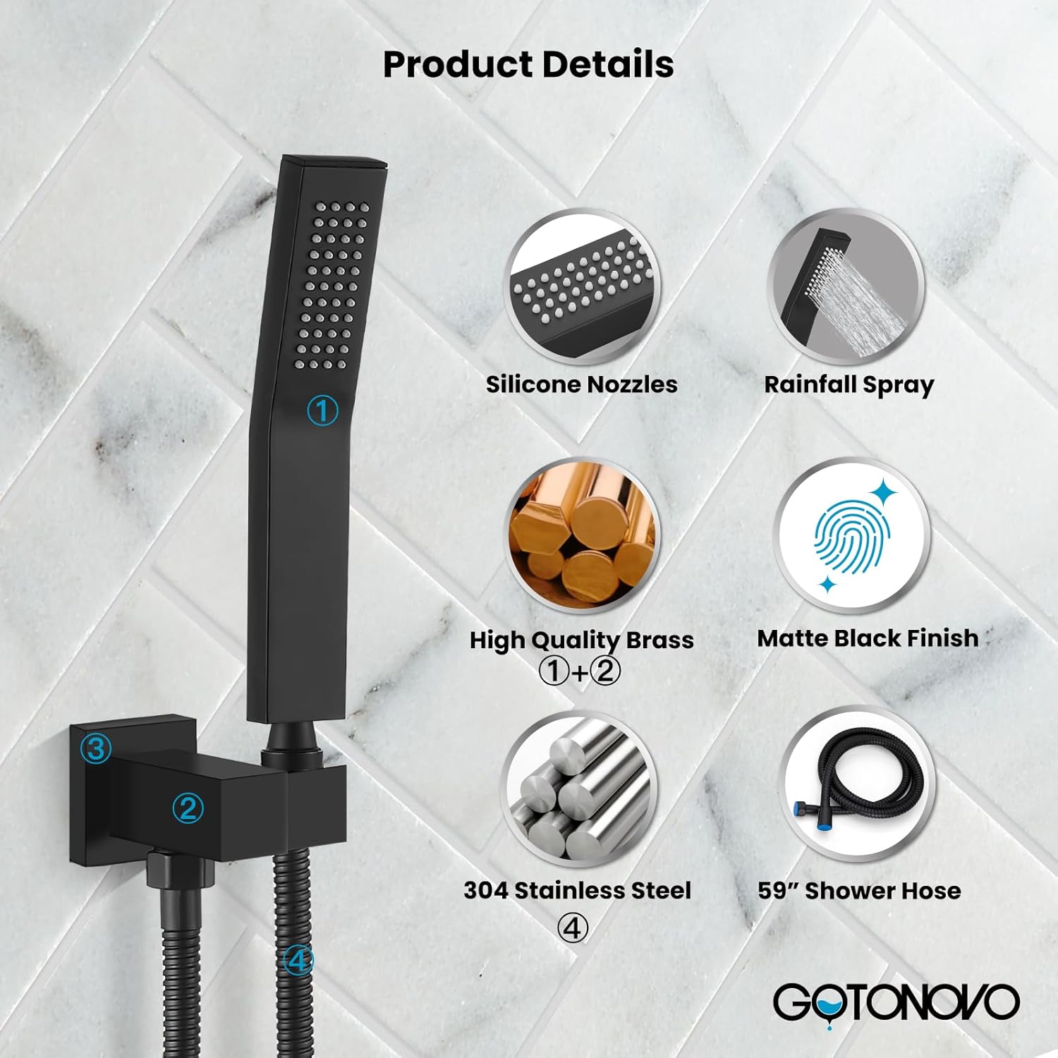 gotonovo Wall Mount Solid Brass Matte Black Bathroom System Square Hand Held Shower Head With Wall Connector and Hose Set