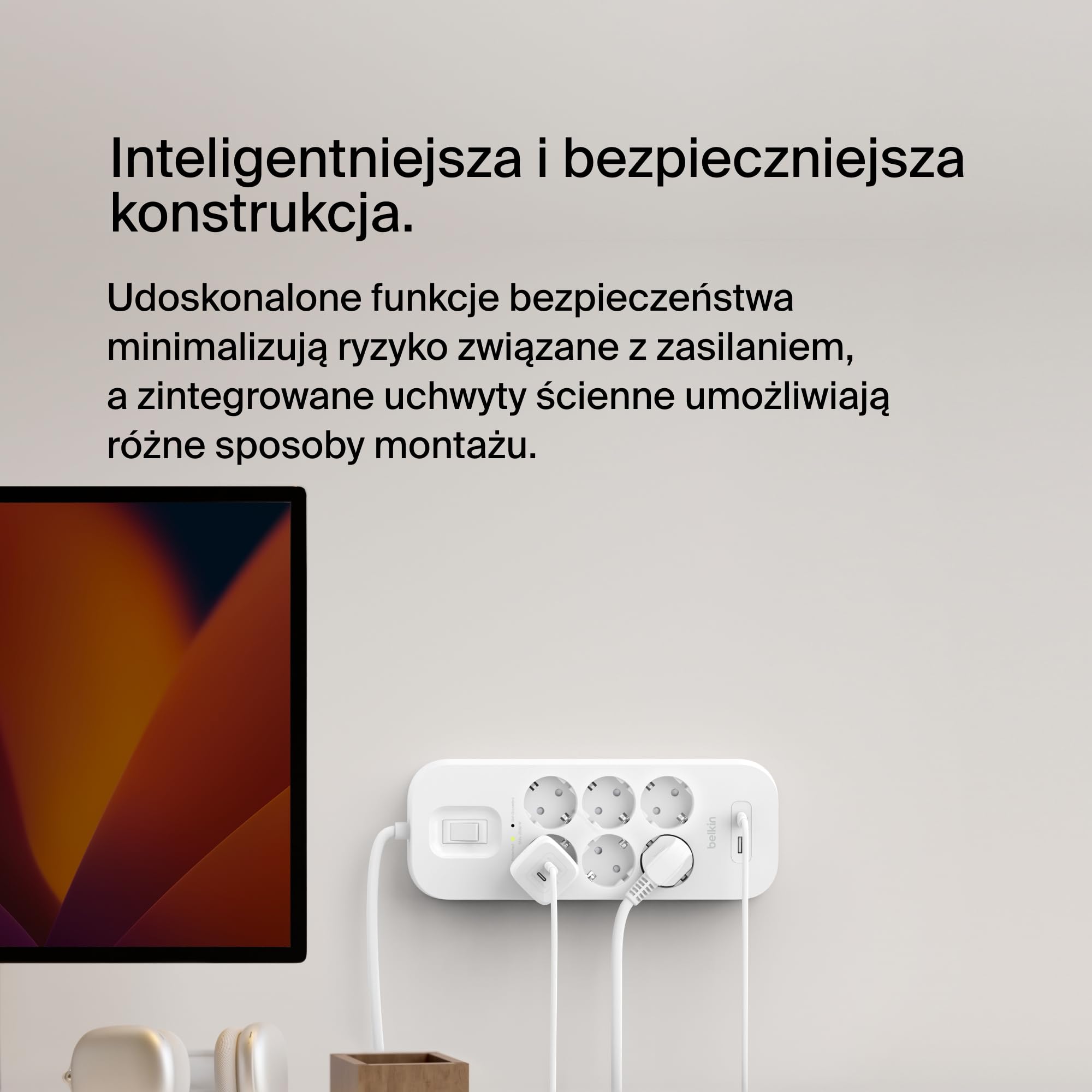 Belkin Listwa przeciwprzepięciowa z 6 gniazdami, montaż na ścianie, 6 gniazd AC, kabel 2 m i zielony wskaźnik świetlny – port USB-C i port USB-A z szybkim ładowaniem USB-C PD – poziom ochrony 650 J