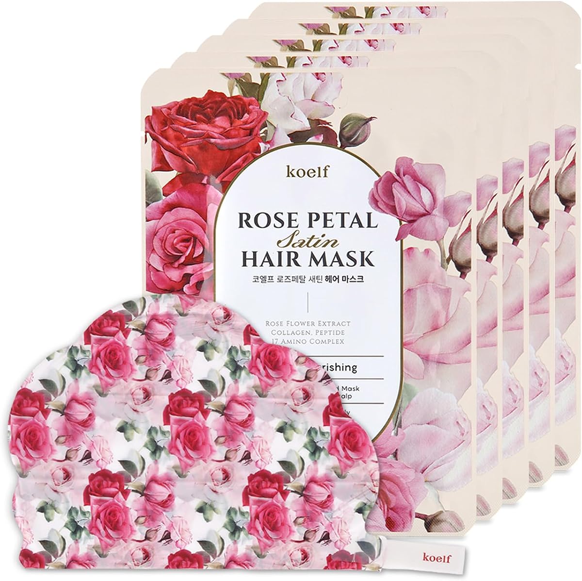 Koelf Mascarilla para el cabello satinada con pétalos de rosa (5 cápsulas) - Mascarilla nutritiva e hidratante para cabello suave y sedoso, mascarilla para el cabello con aroma a rosa con péptidos, colágeno y aceite de argán