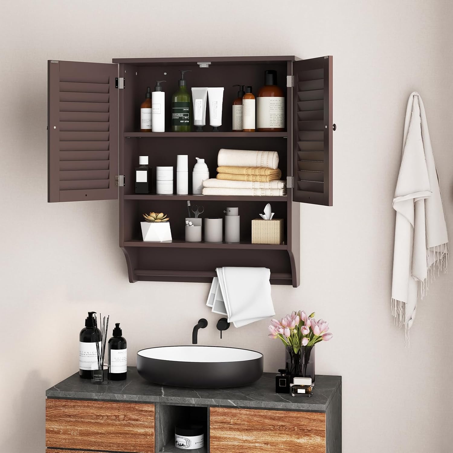 Giantex Wall Mounted Bathroom Cabinet with 2 Louvered Doors, 3-Position Adjustable Shelf, Towel Bar, Over The Toilet Space Saver, Above Toilet Hanging Medicine Cabinet (Espresso)