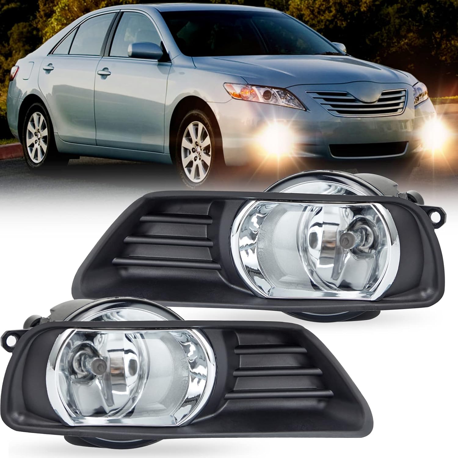 Driving Fog Lights Lamps Assembly Kit for 2007 2008 2009 Toyota Camry Fog Light Replacement with H11 12V 55W Halogen Bulbs Switch and Wiring Kit (Clear Glass Lens)