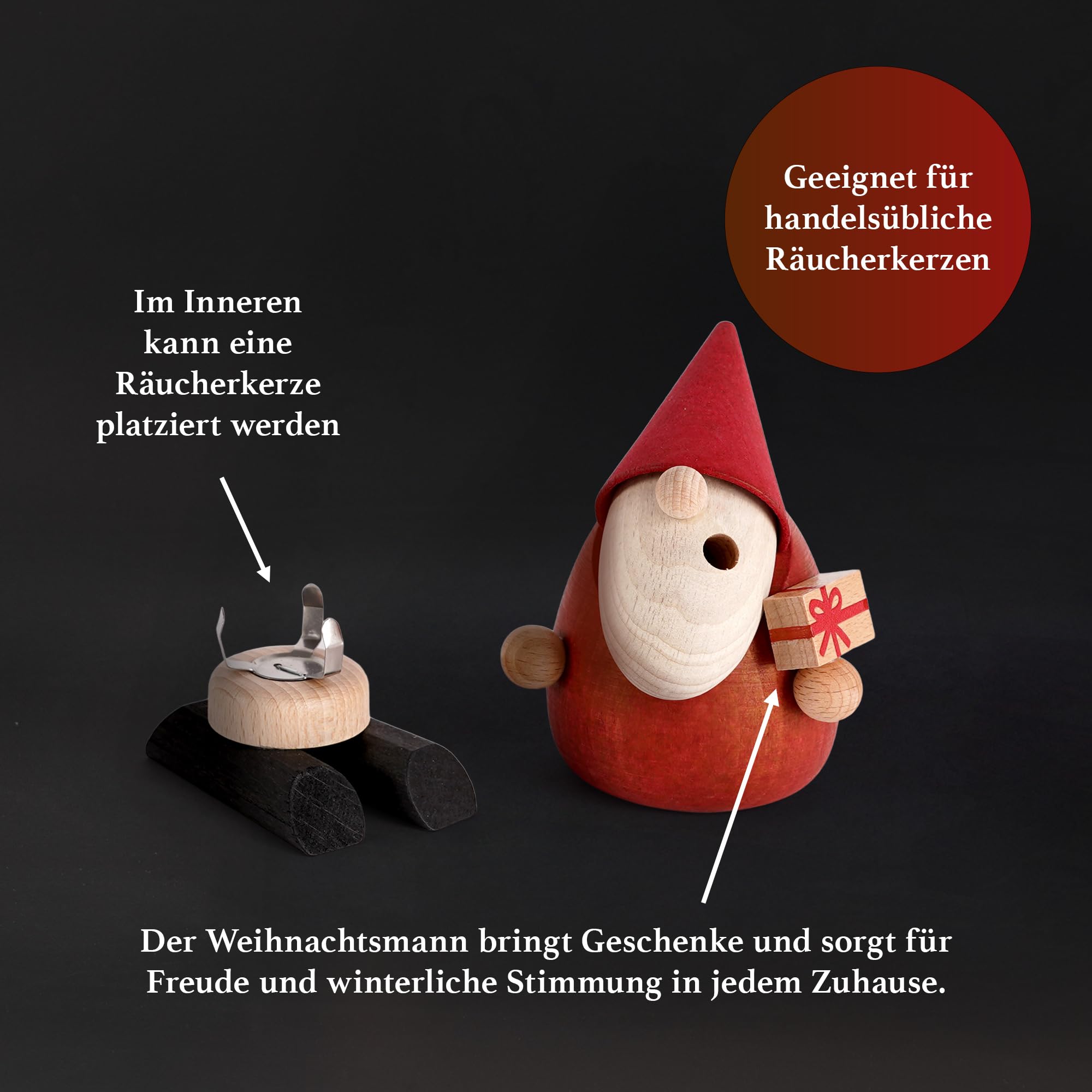 SAICO Räuchermännchen Weihnachtsmann Bescherung 11 cm - Handgefertigte Holzfigur inkl. Räucherfunktion - Erzgebirgische Handarbeit - Moderne Weihnachtsdekoration Made in Germany